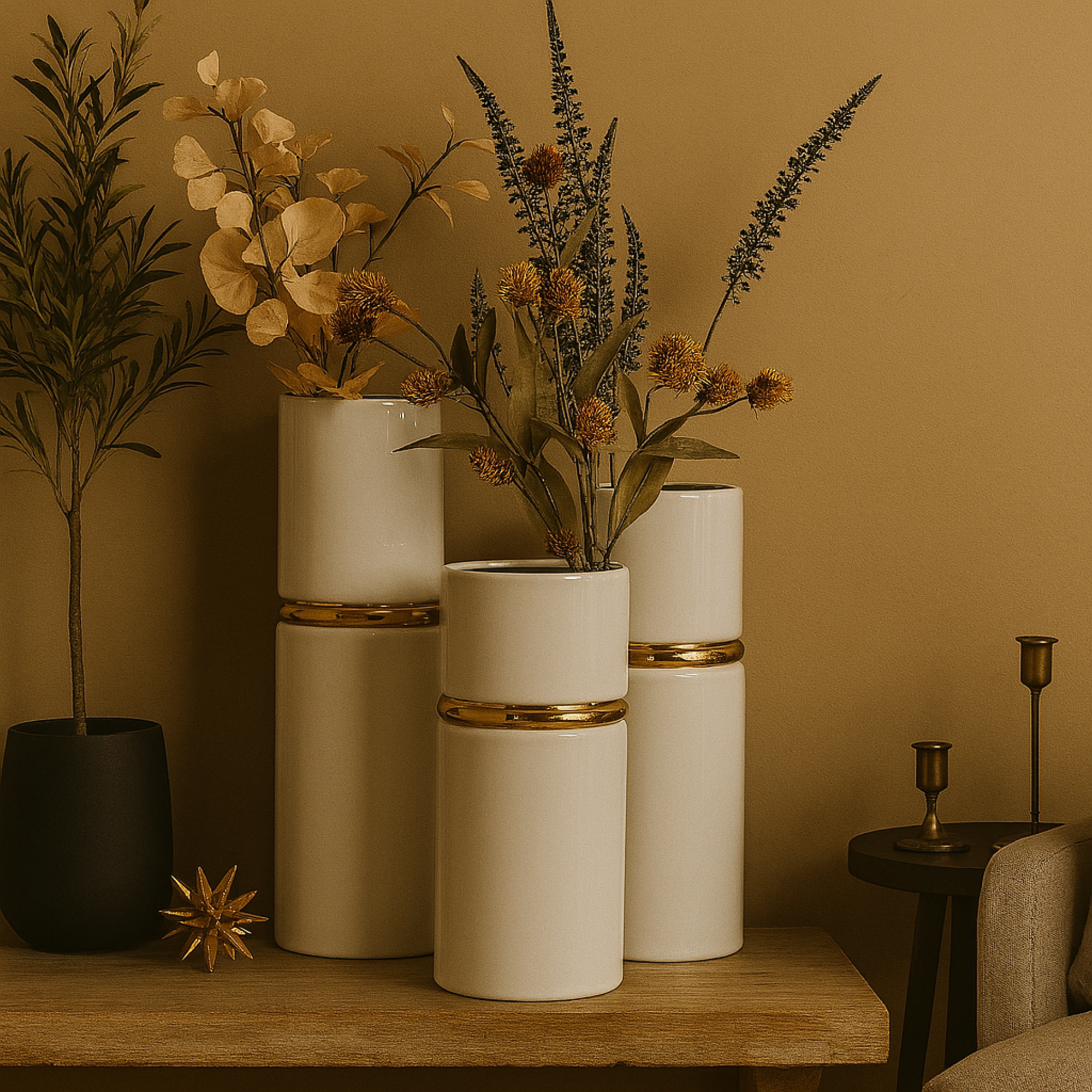 Set of 3 White Ceramic Decorative Vase with Gold Accents