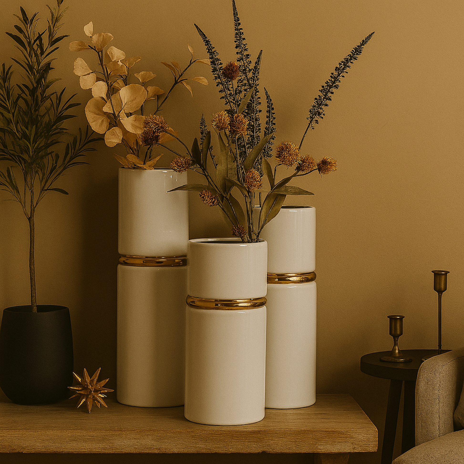 Set of 3 White Ceramic Decorative Vase with Gold Accents