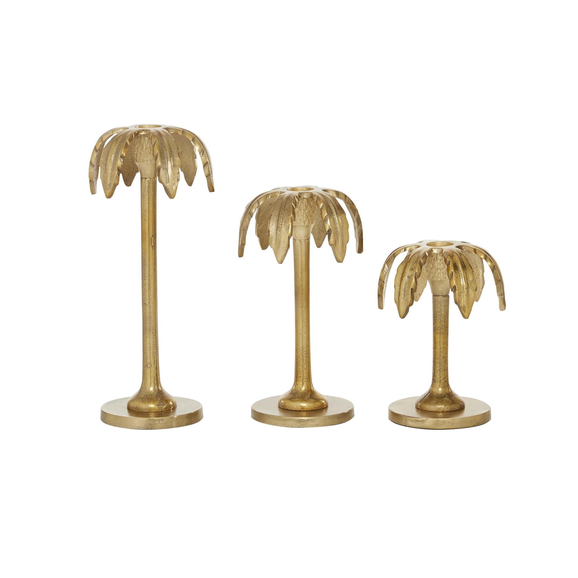 Set of 3 Gold Aluminum Metal Palm Tree Decorative Candle Holder