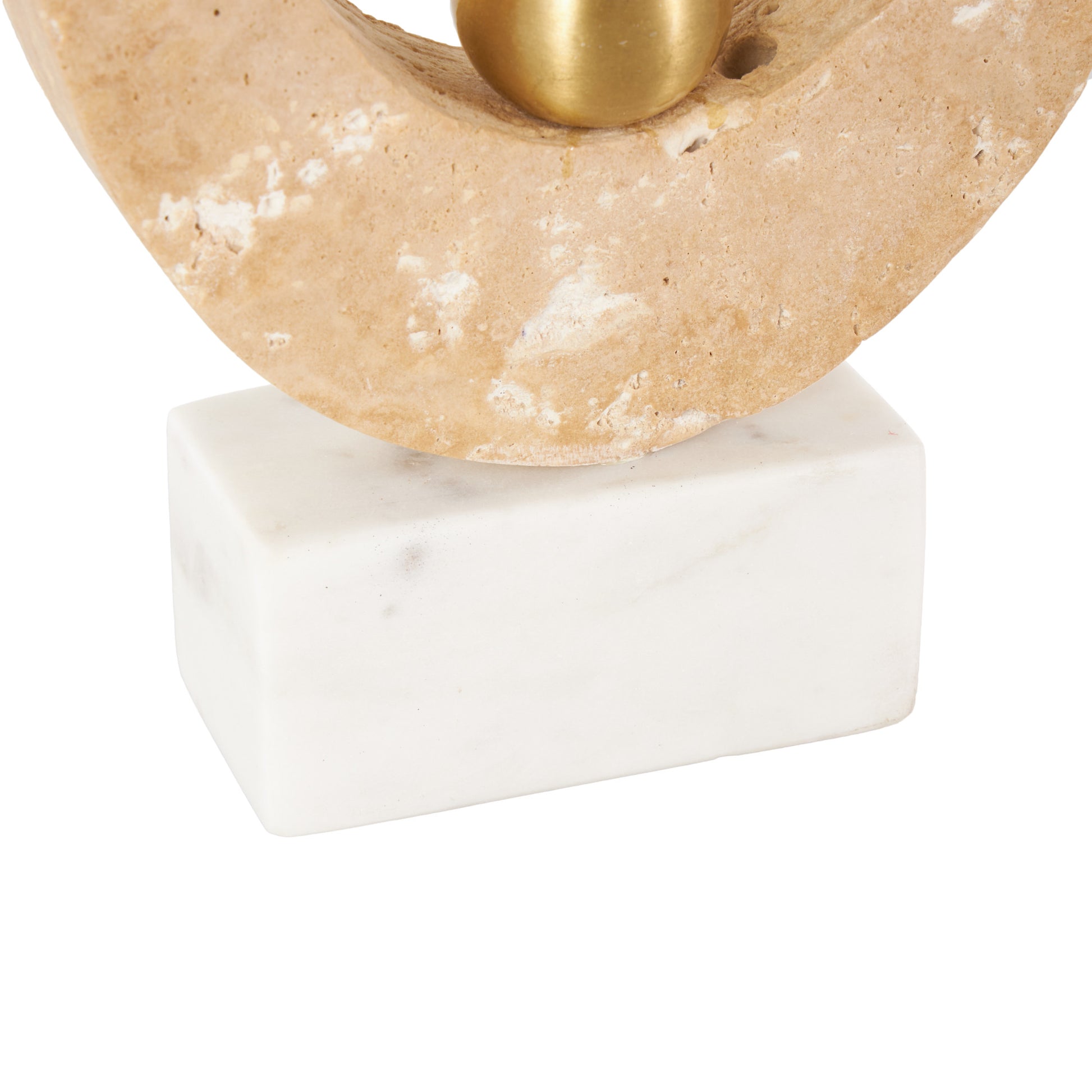 Abstract Cream Marble Oval Decorative Sculpture with Gold Ball and White Base