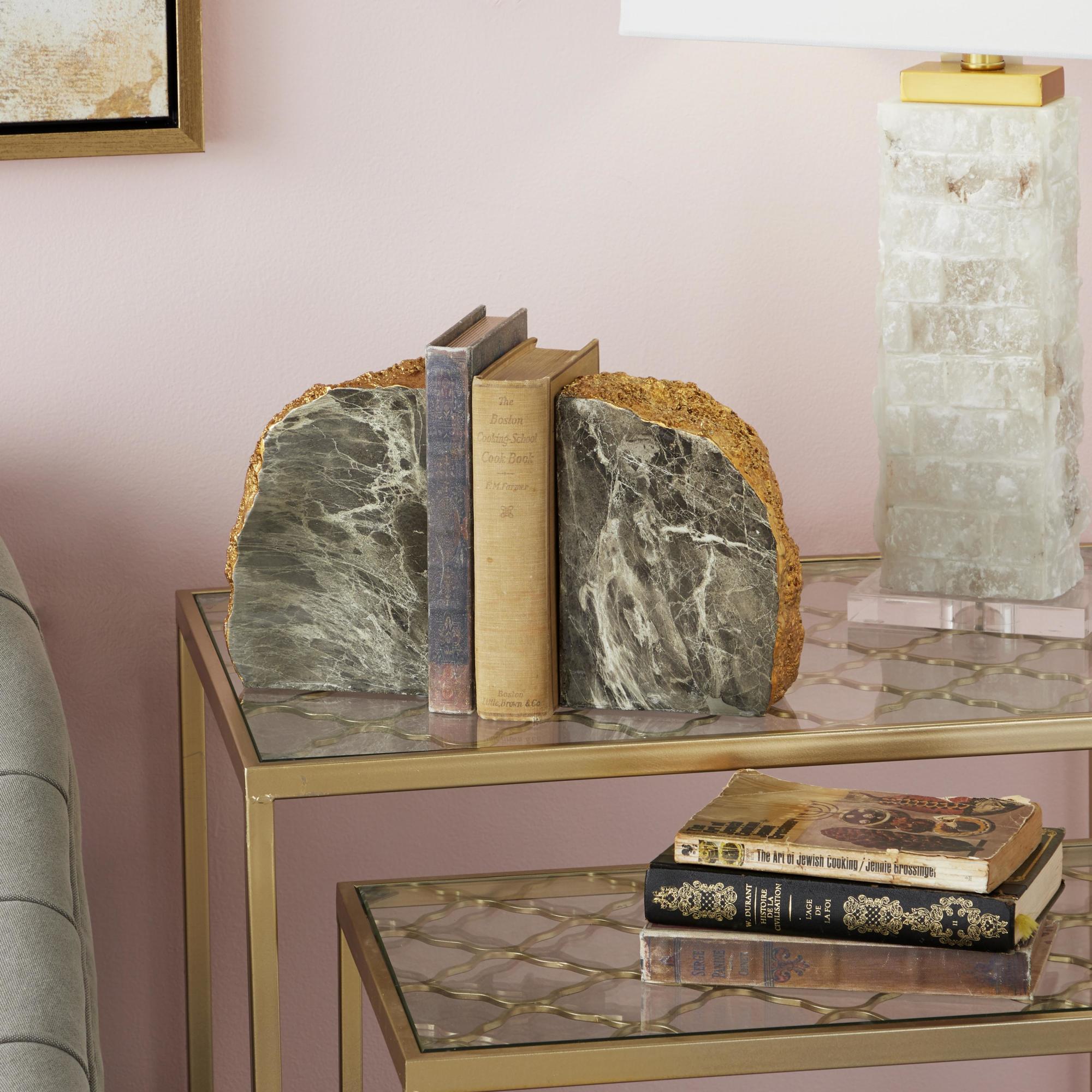 CosmoLiving by Cosmopolitan Set of 2 Geode Gray Polystone Decorative Bookends with Gold Detailing