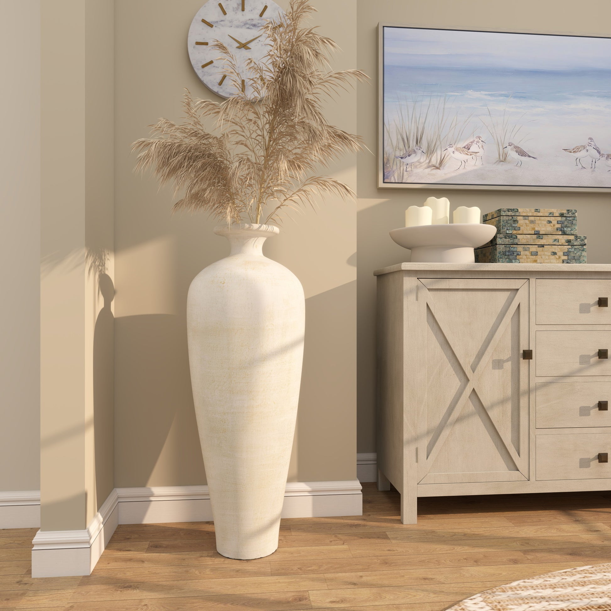 Beige Ceramic Tall Amphora Floor Decorative Vase