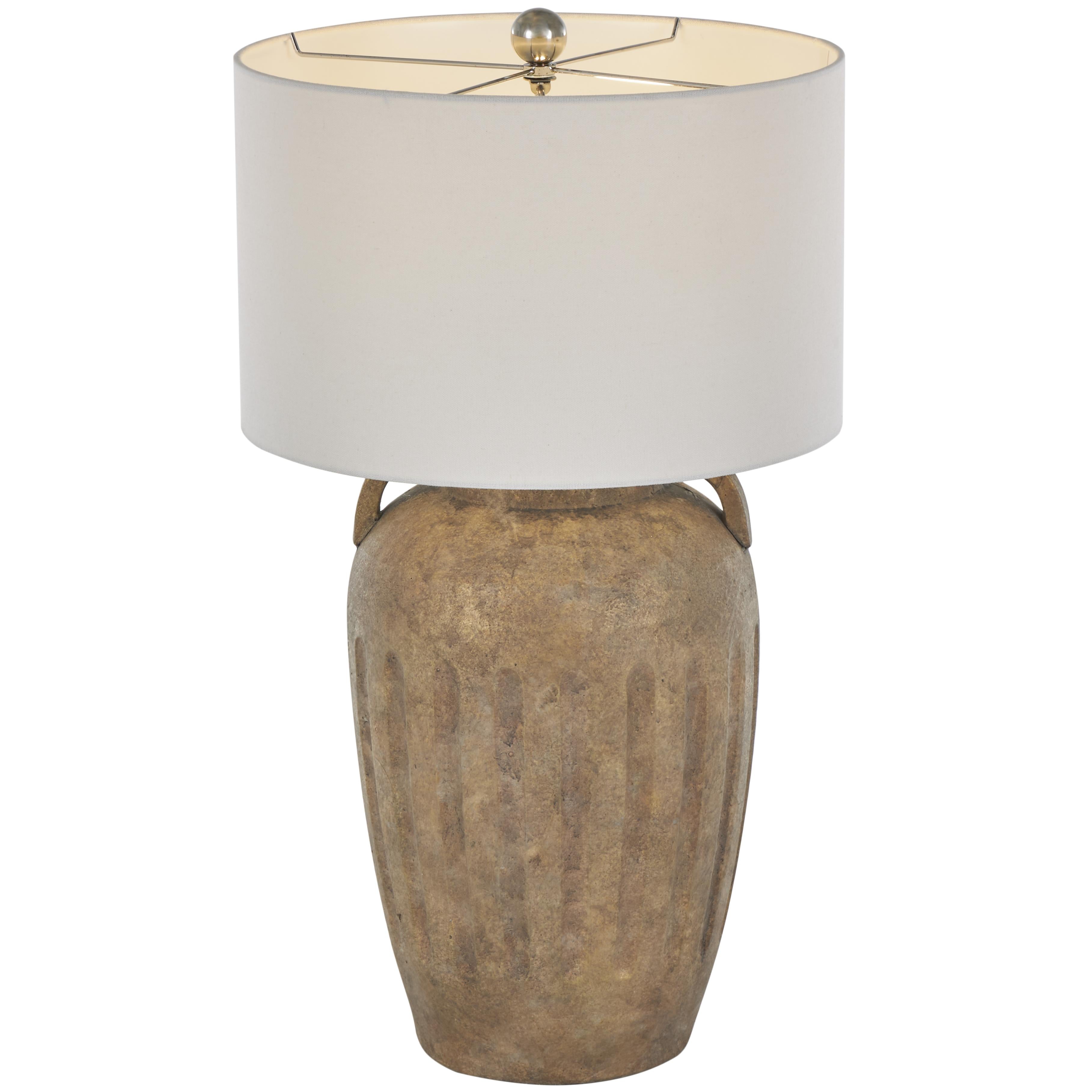 Ceramic Tall Distressed Antique Style Pot Vase Room Table Lamp with Cream Linen Shade and Textured Grooves 16" x 16" x 29"