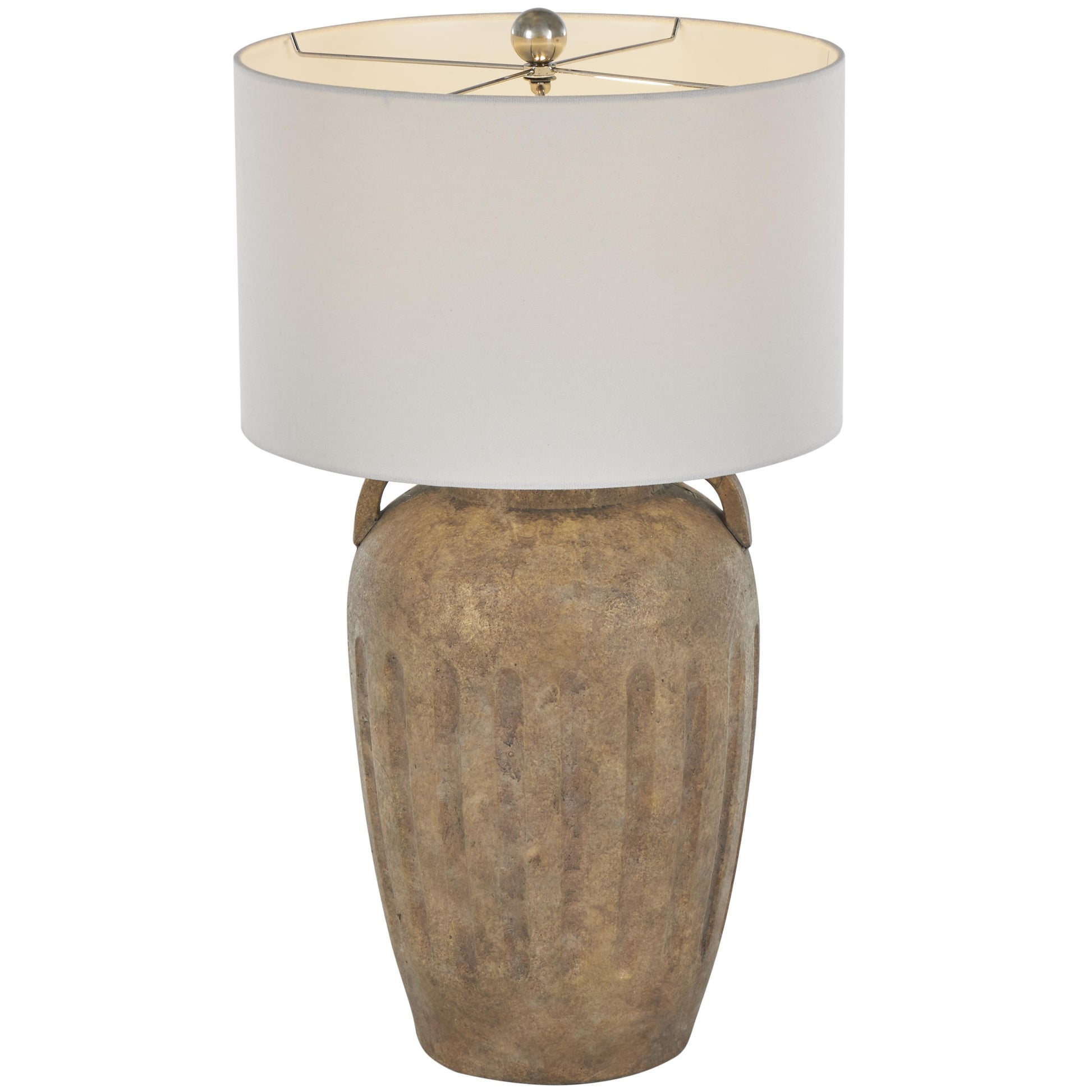 Ceramic Tall Distressed Antique Style Pot Vase Room Table Lamp with Cream Linen Shade and Textured Grooves 16" x 16" x 29"
