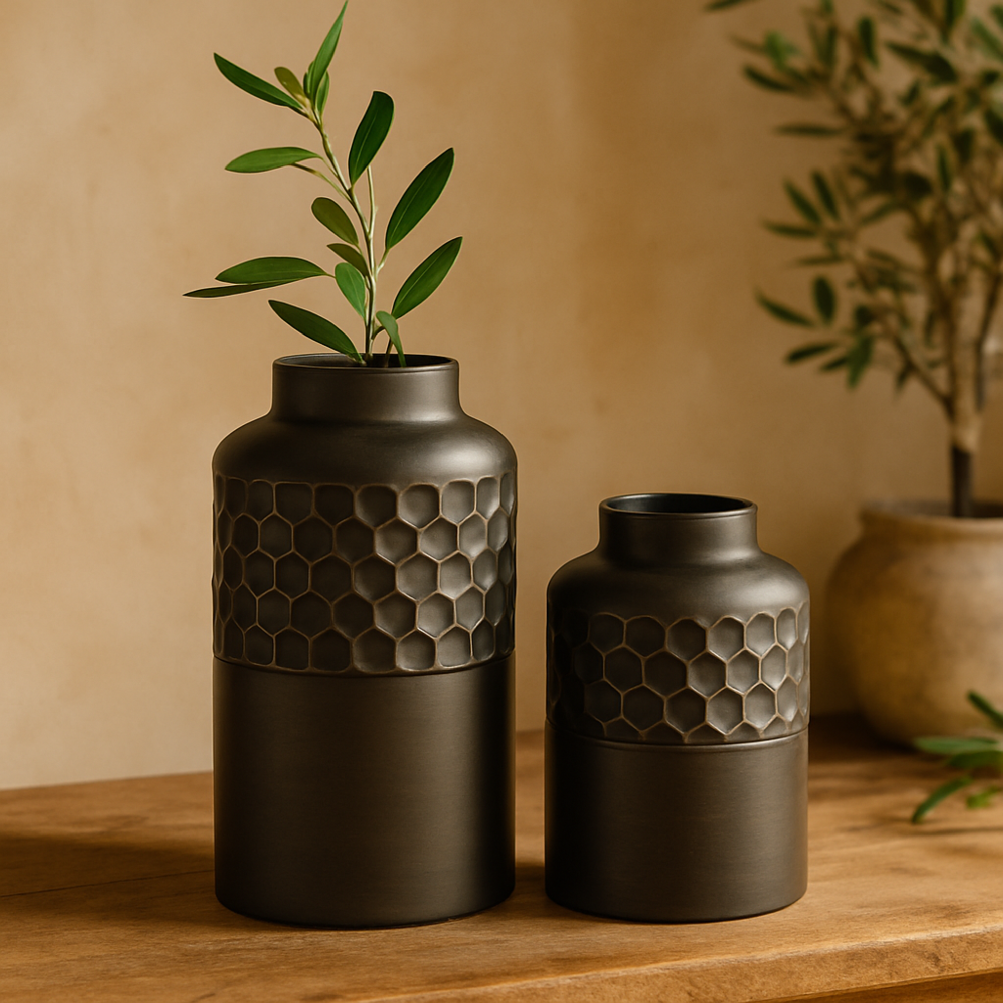 Set of 2 Black Metal Decorative Vase