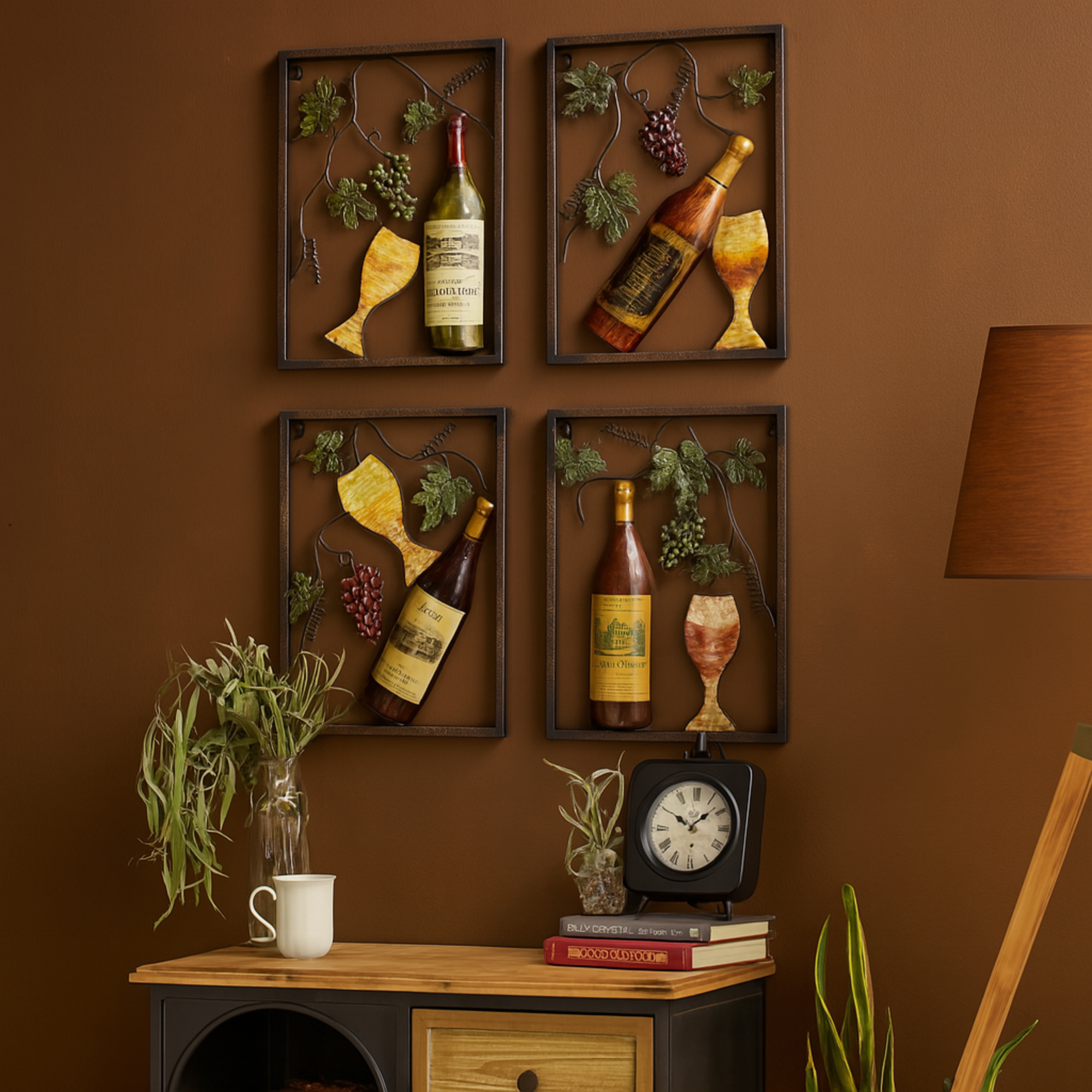 Set of 4 Wine Multi Colored Metal Home Wall Decor with Grapes Detailing