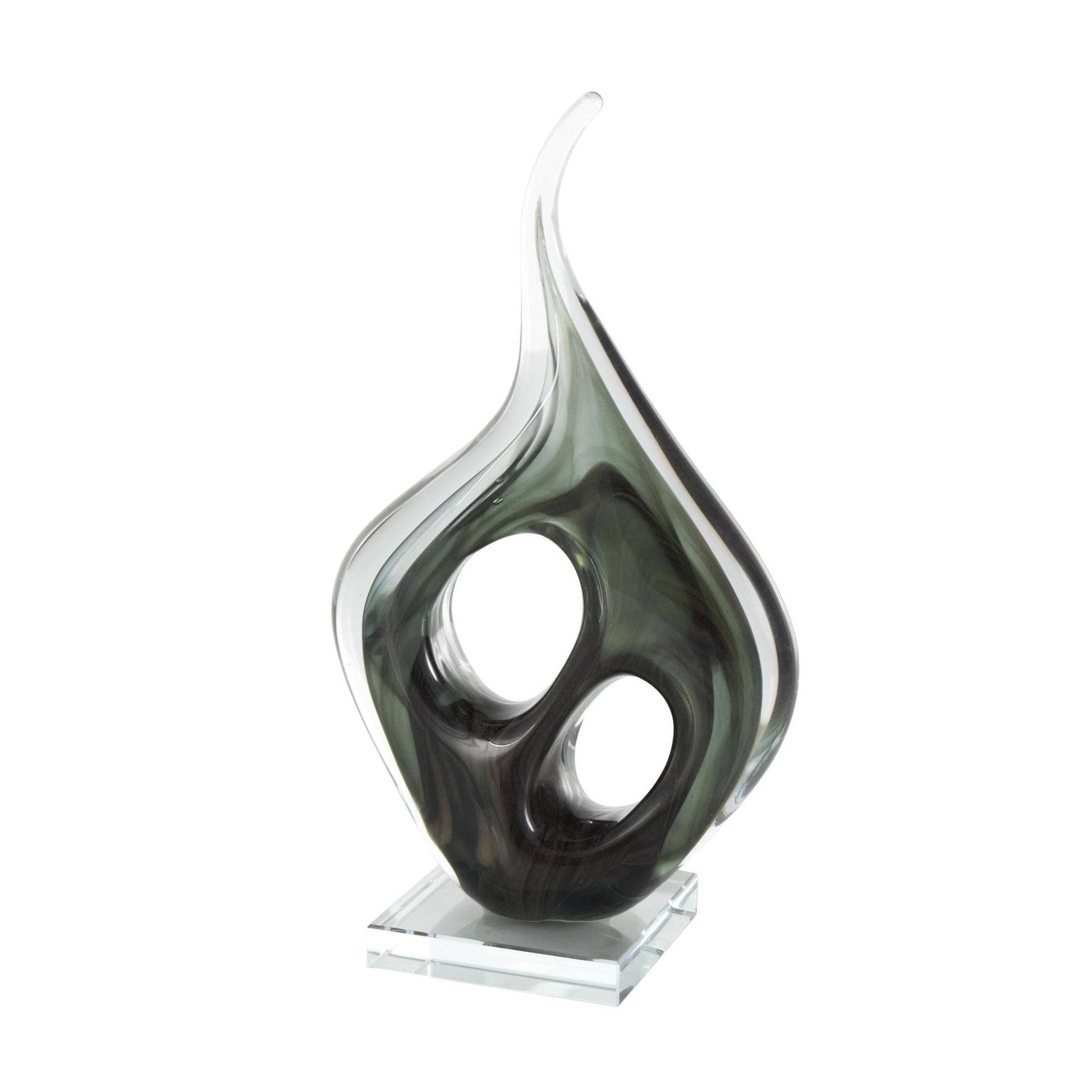 Abstract Green Glass Curved Cutout Decorative Sculpture with Swirl Patterns