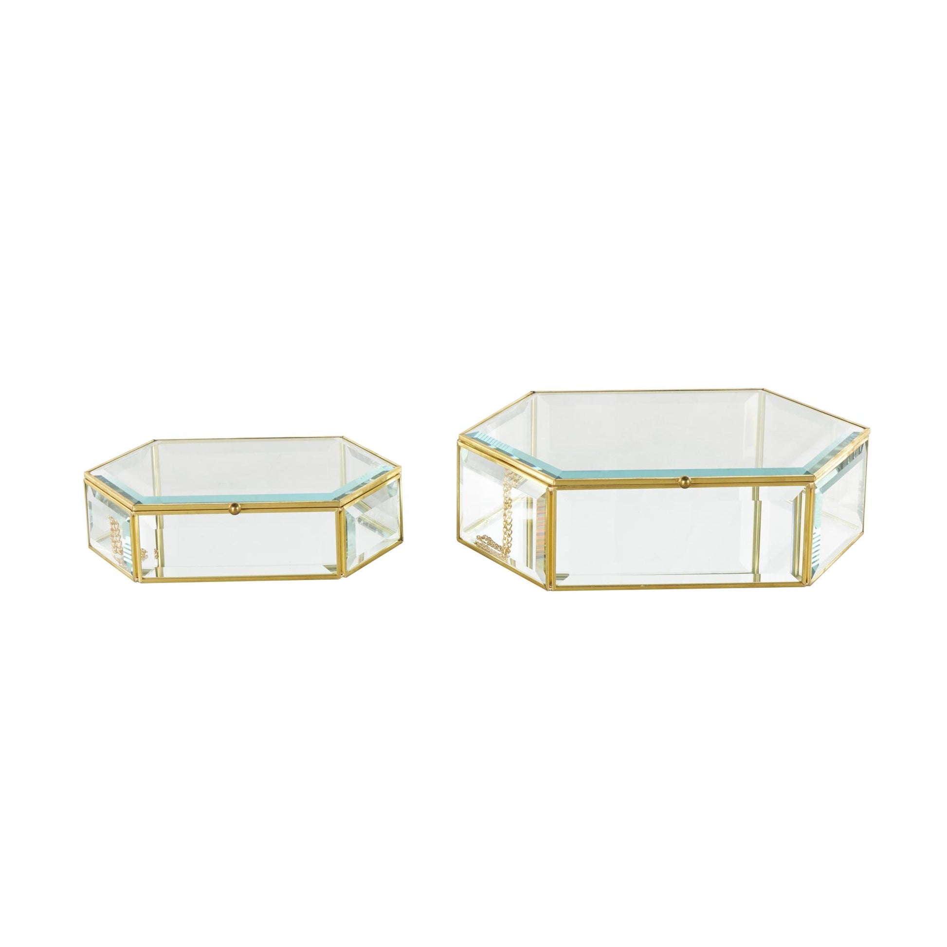 Set of 2 Geometric Clear Glass Beveled Hexagon Decorative Jewelry Box with Gold Metal Frame and Chain Accent