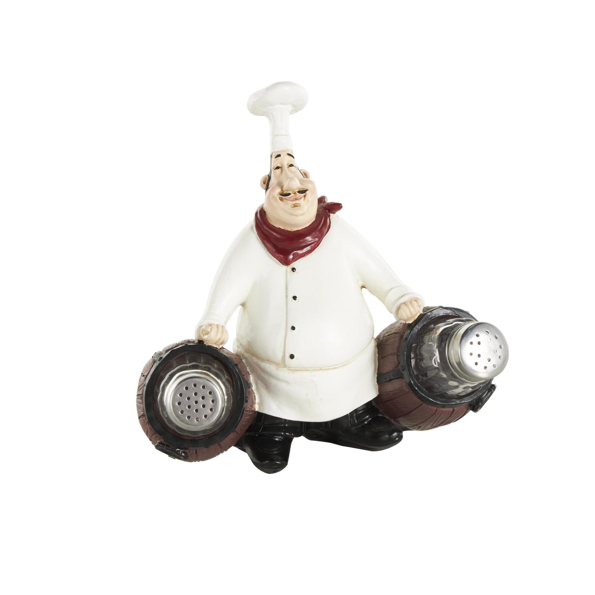 Chef White Polystone Figurine Decorative Salt and Pepper Shaker Holder with Wood Barrel Accents