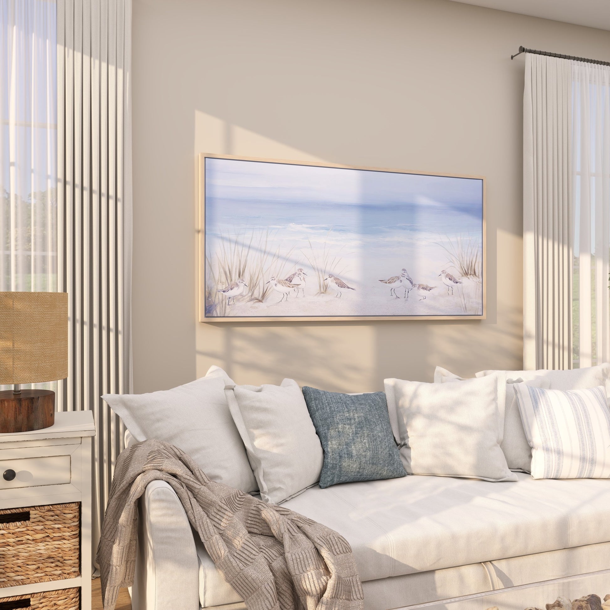 Bird Blue Canvas Living Room Framed Wall Art with Brown Wood Frame