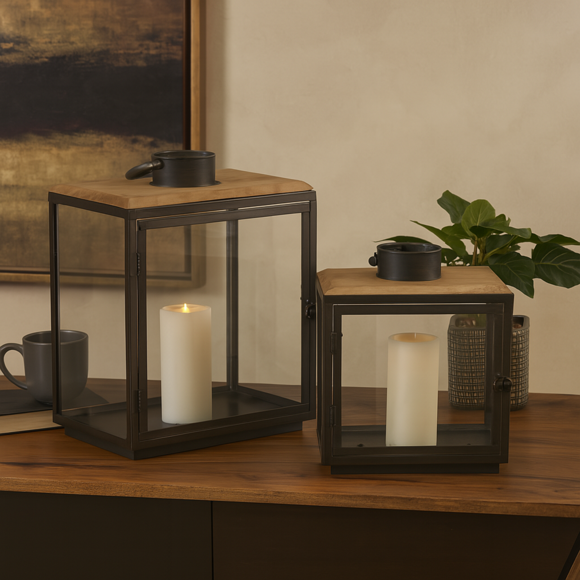 Set of 2 Dark Gray Metal Brushed Rectangular Indoor Outdoor Candle Lantern with Brown Wood Tops