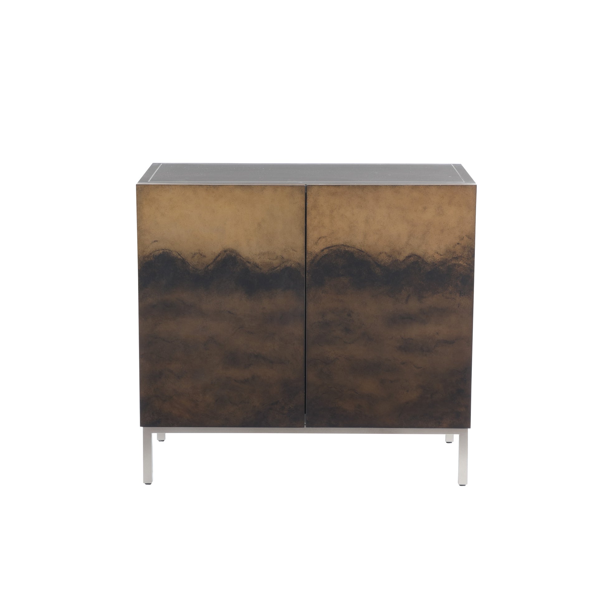 Silver Metal 2 Door Media Credenza Cabinet with Brown Wavy Designed Wooden Front