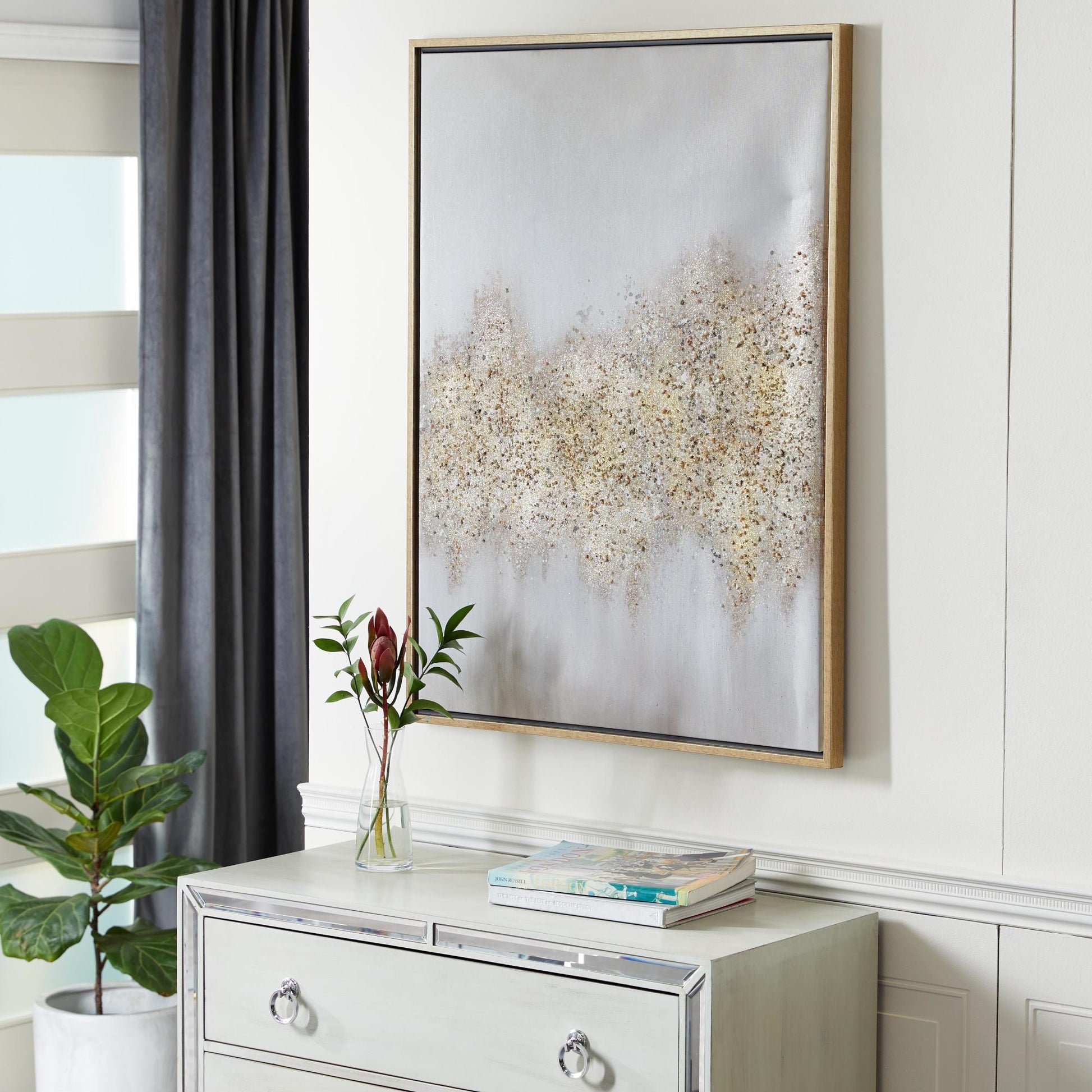 Geode Gold Canvas Glitter Flakes Living Room Framed Wall Art with Gold Frame