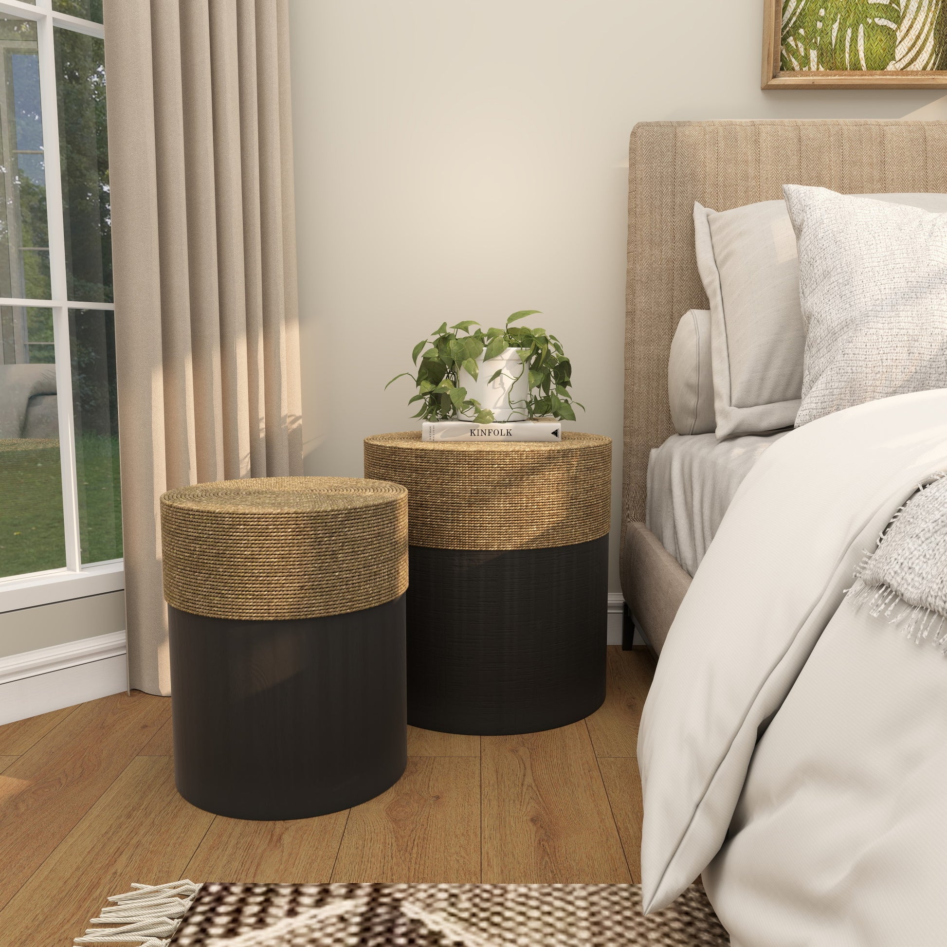 Set of 2 Black Wood Handmade Color block Wrapped Side End Accent Table with Dried Plant Tabletops