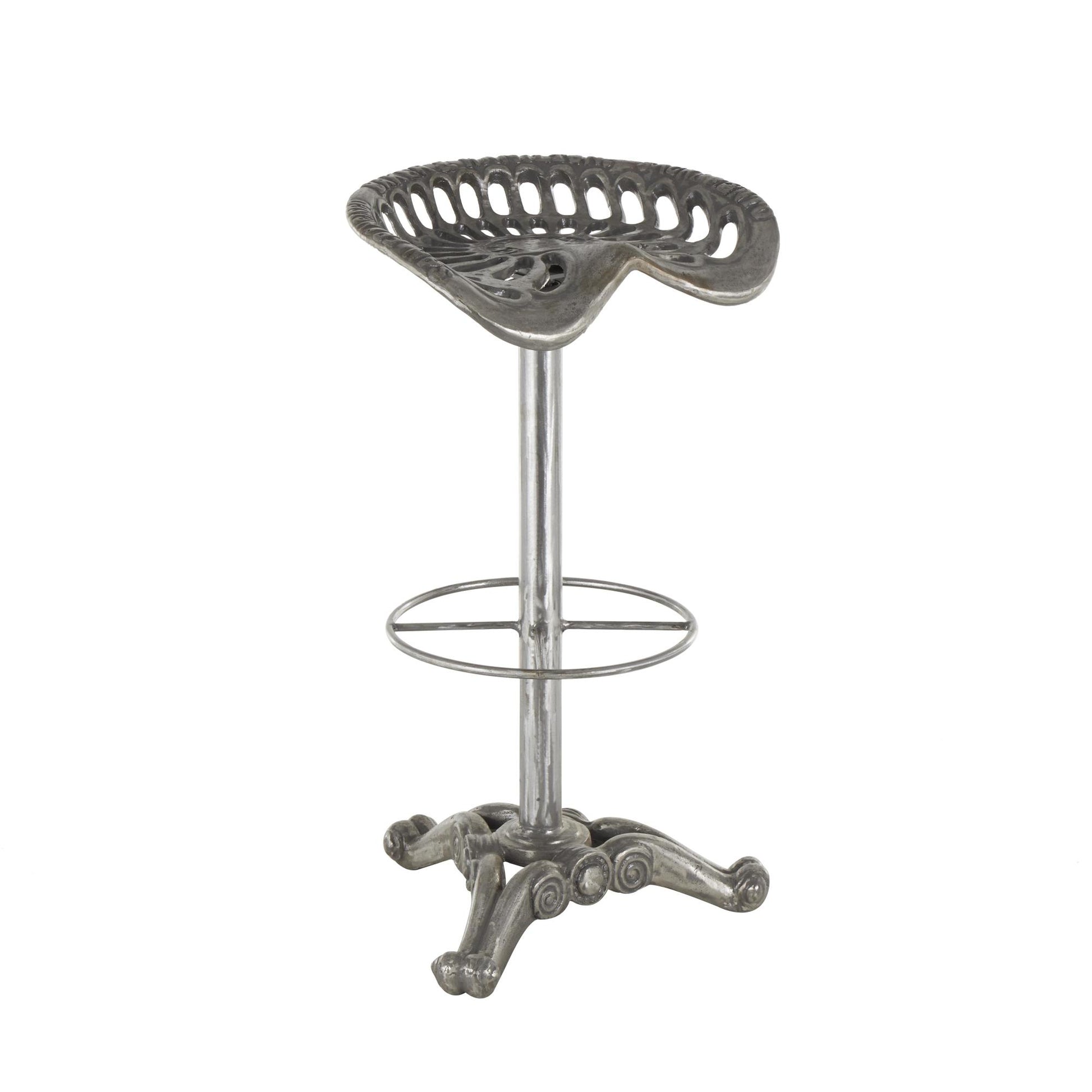 Scroll Gray Metal Weathered Antique Cast Iron Kitchen Bar Stool with Cutout Textured Seat and Footrest