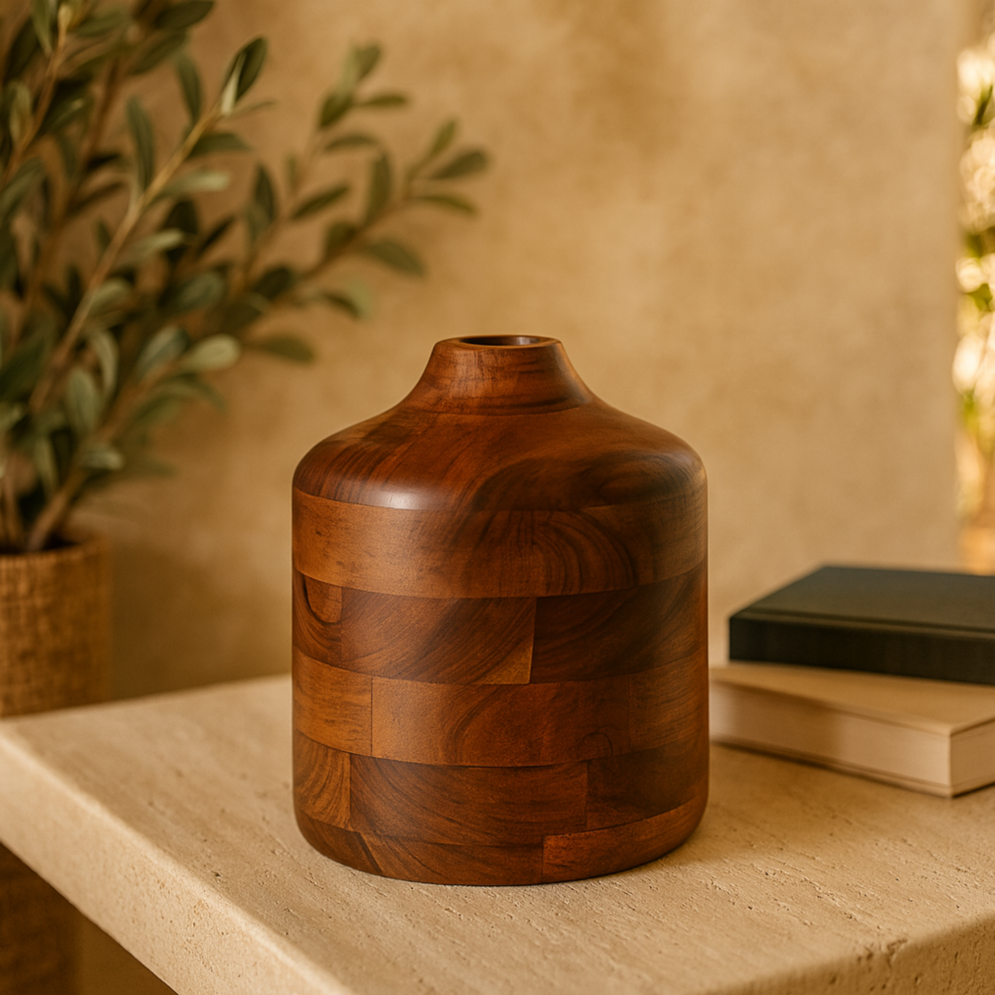 Brown Wood Decorative Vase with Mosaic Strips and Natural Wood Grains