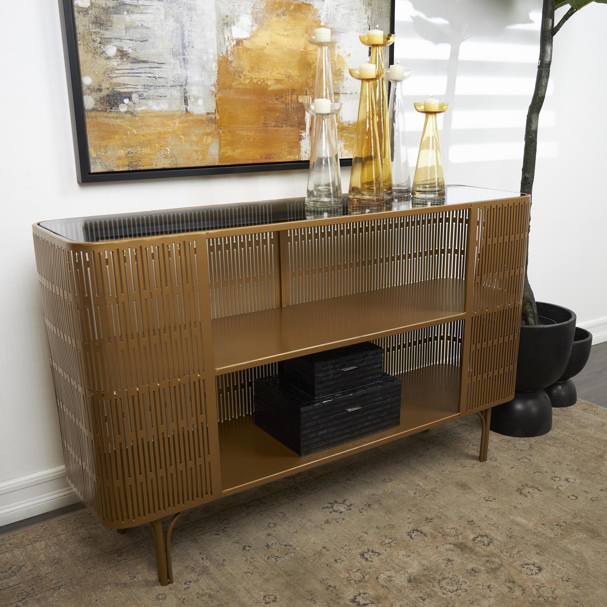 Gold Metal Art Deco Inspired Living Room Console Table with Black Tempered Glass Top