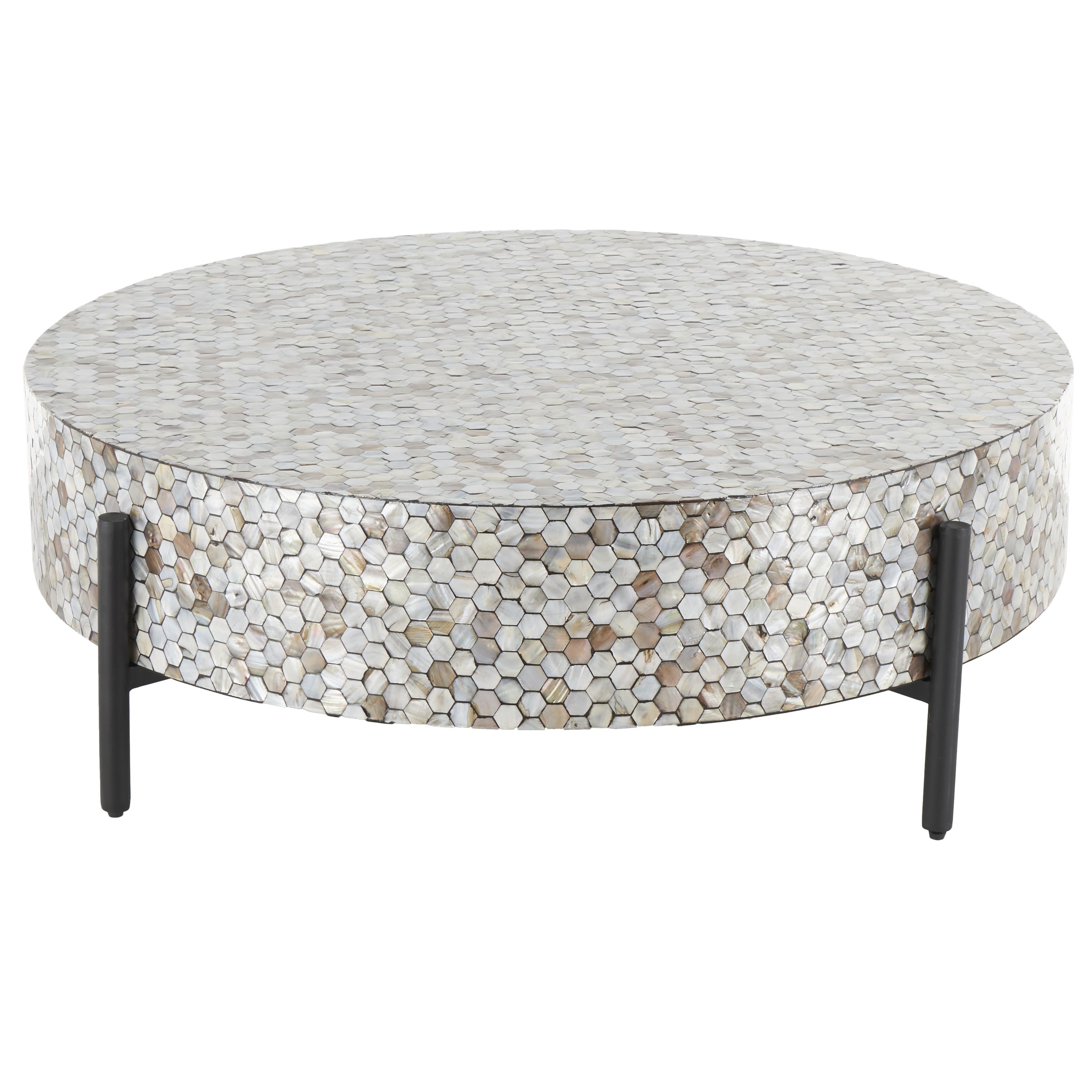 Geometric Mother of Pearl Shell Handmade Mosaic Inlay Living Room Coffee Table with Black Metal Legs 38" x 38" x 12"