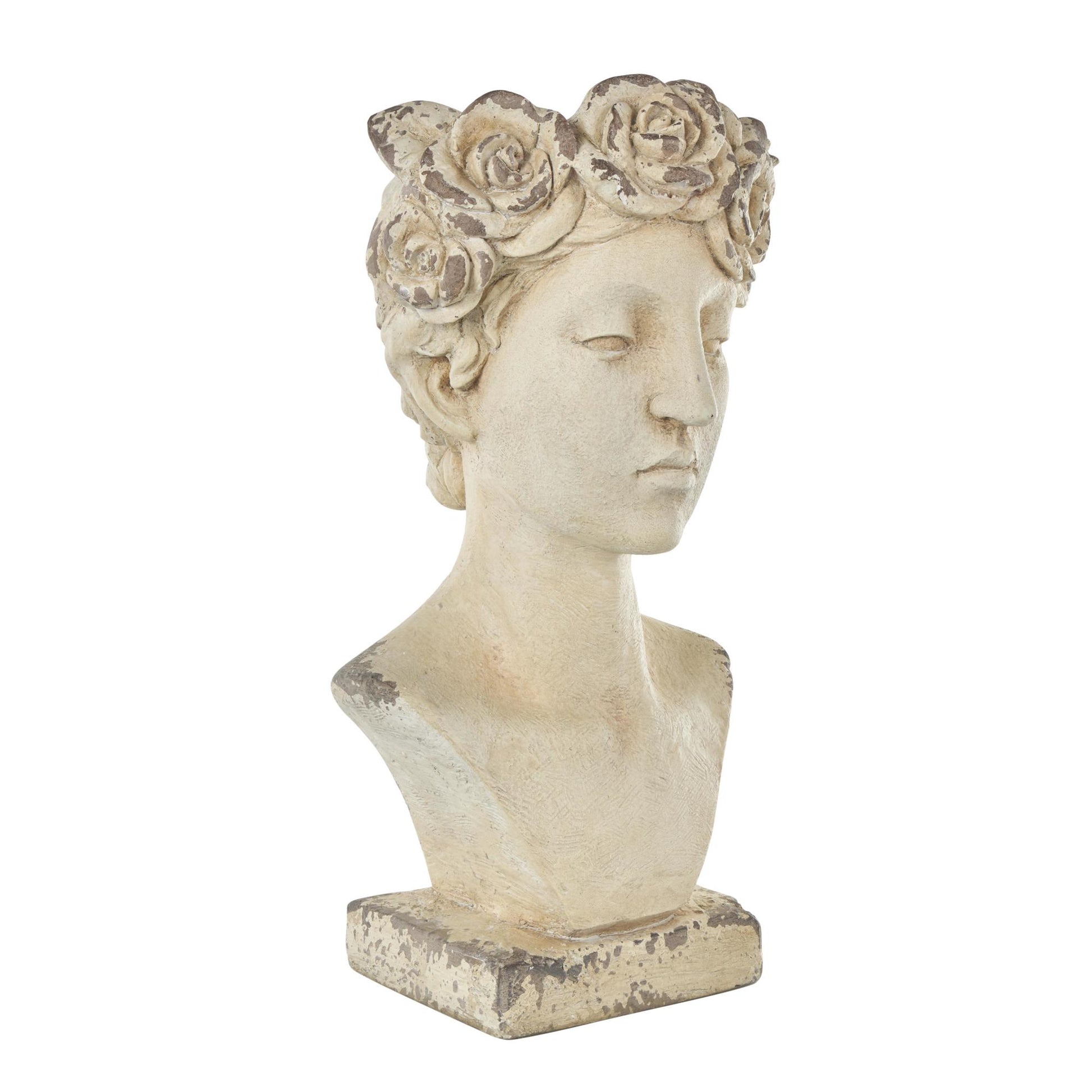 Woman Cream Magnesium Oxide Distressed Antique Greek Bust Indoor Outdoor Planter with Floral Accents