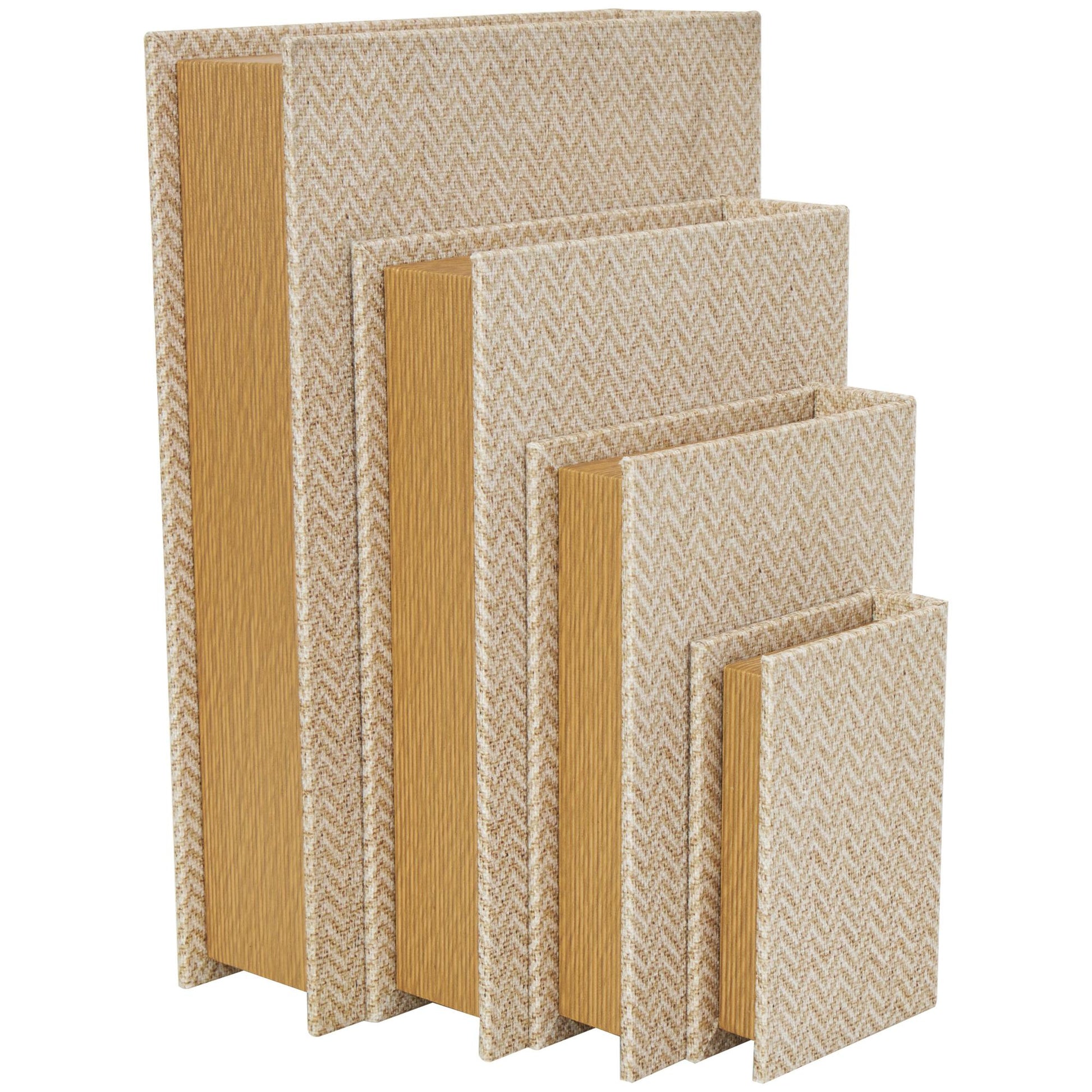 Set of 3 Linen Fabric Chevron Patterned Book Storage Decorative Box Set of 3 12", 9", 6"H