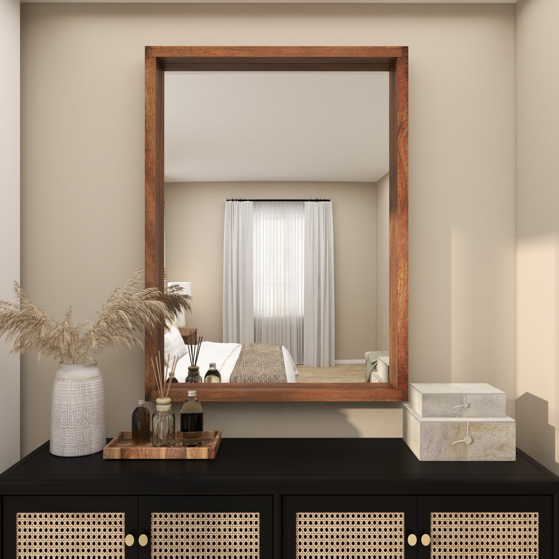 Brown Mango Wood Room Wall Mirror with Natural Wood Grain and Deep Set Frame