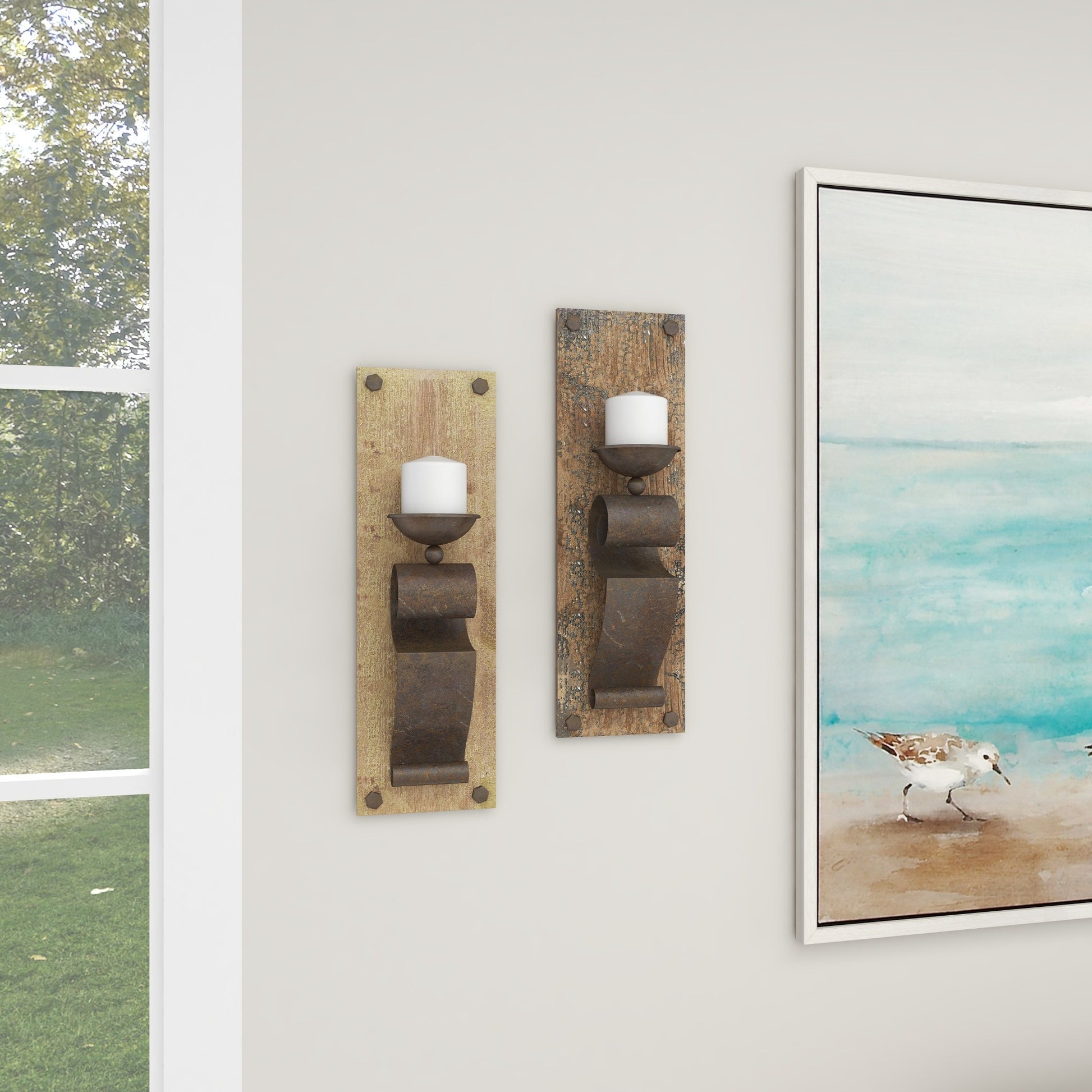 Set of 2 Scroll Brown Wood Distressed Pillar Indoor Outdoor Wall Sconce with Bronze Metal Holders