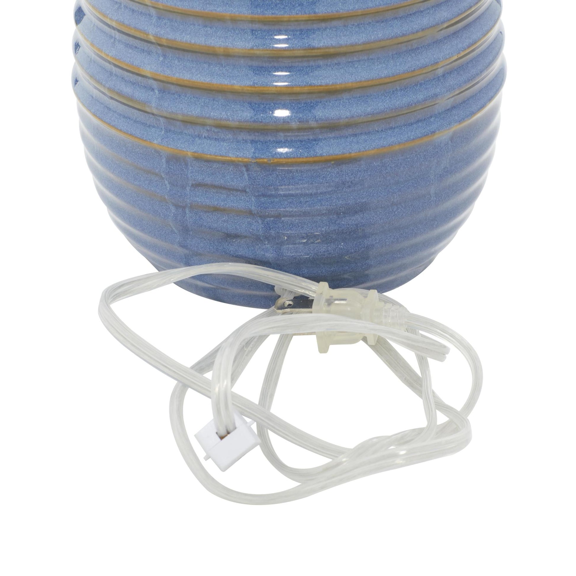Blue Ceramic Ribbed Room Table Lamp with Drum Shade