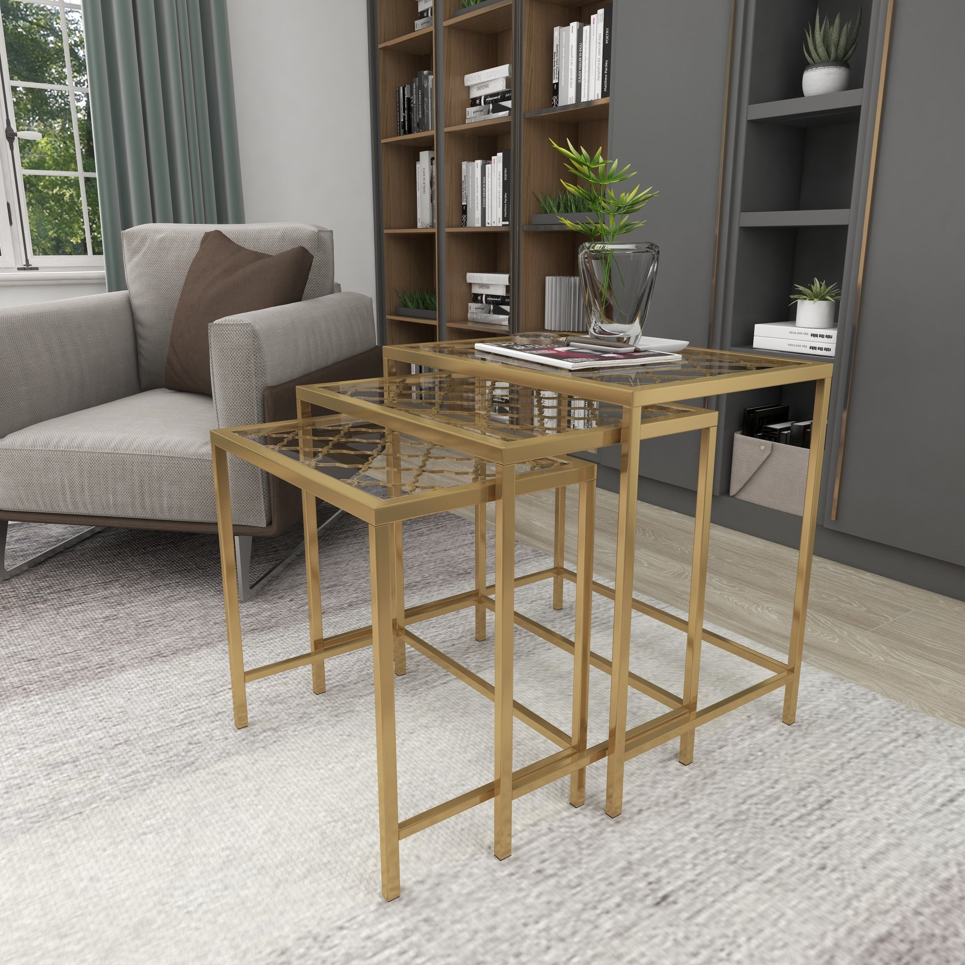 Set of 3 Gold Metal Side End Accent Table with Clear Glass Top