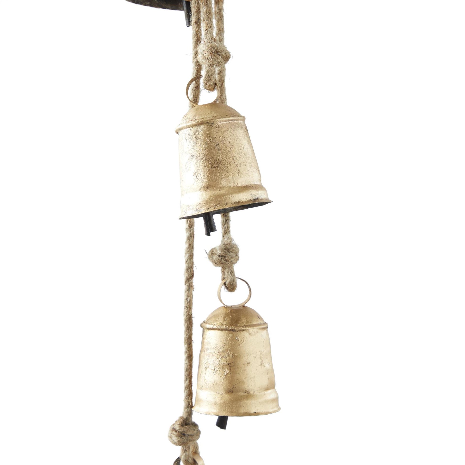 Metal Handmade Tibetan Inspired Indoor Outdoor Decorative Cow Bells with 4 Bells on Jute Hanging Rope
