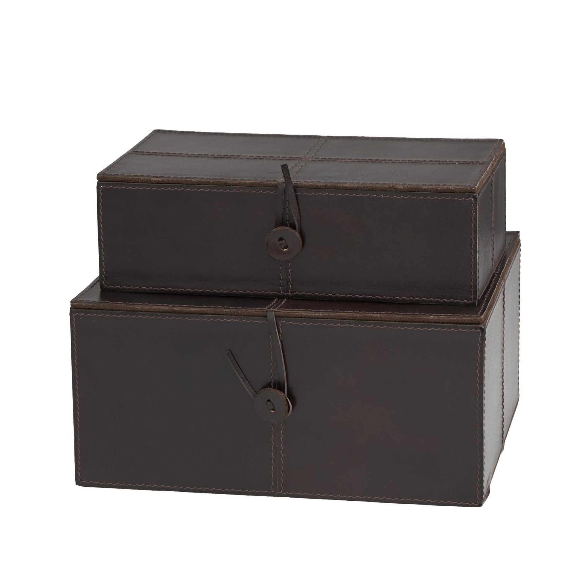 Set of 2 Leather Handmade Cowhide Storage Decorative Box with Leather Loop Closure and Stitching Detail