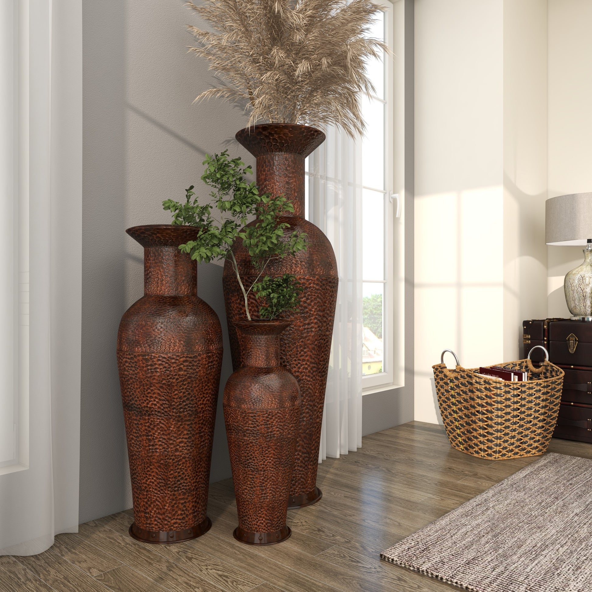 Set of 3 Dark Brown Metal Indoor Outdoor Tall Floor Bottleneck Decorative Vase with Bubble Texture and Studs