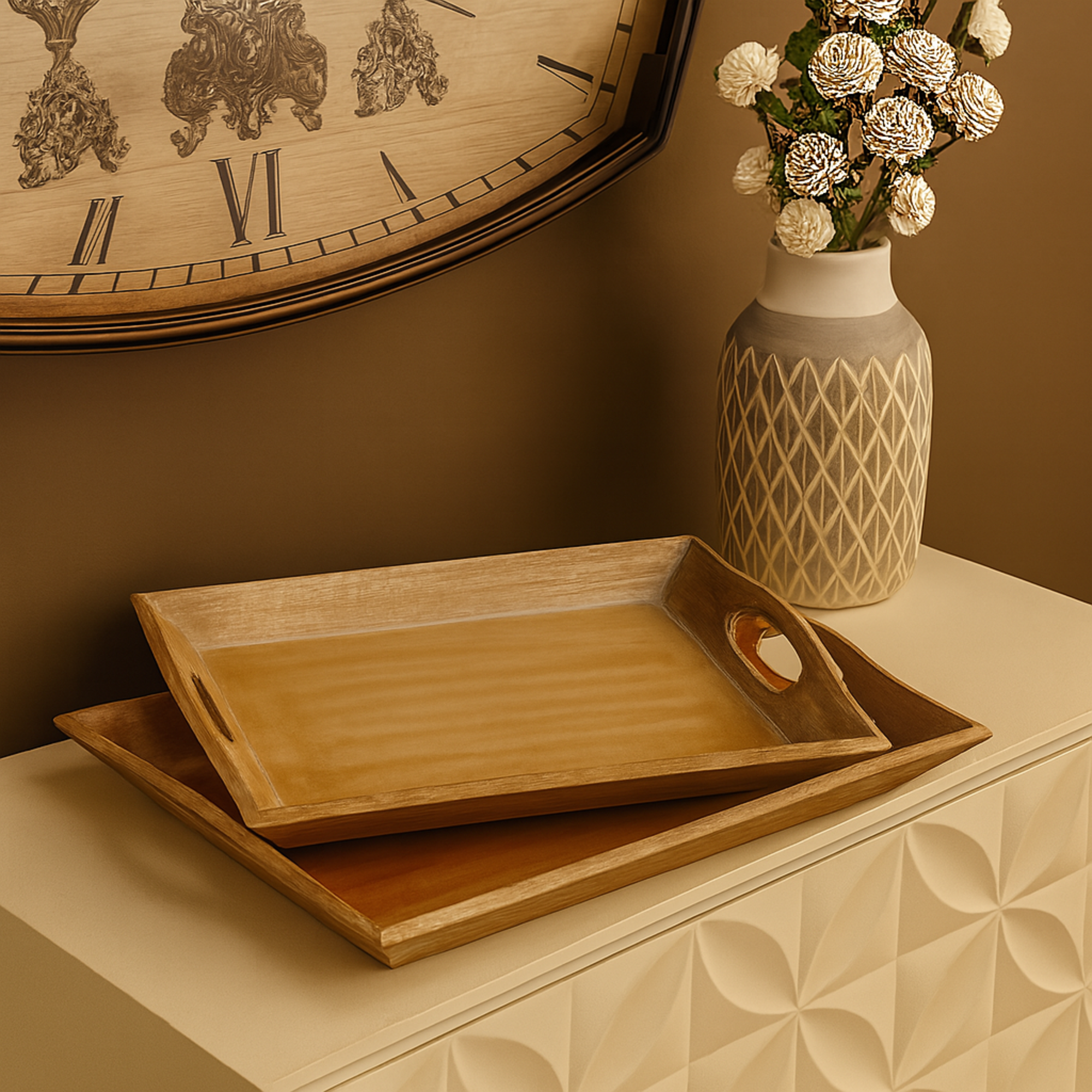 Set of 2 Brown Wooden Living Room Decor Tray