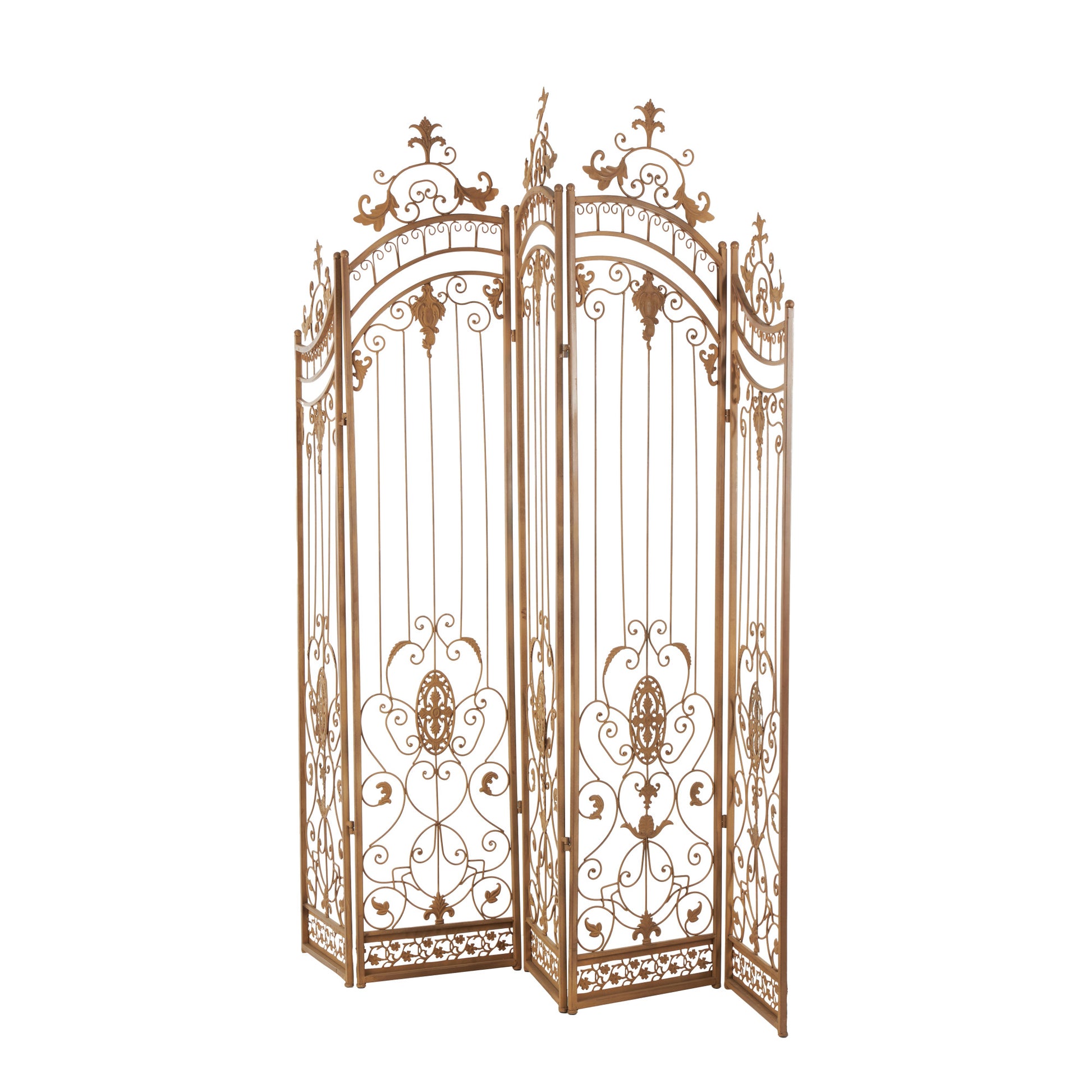 Scroll Bronze Metal Hinged Foldable Arched Partition 5 Panel Partition Room Divider Screen