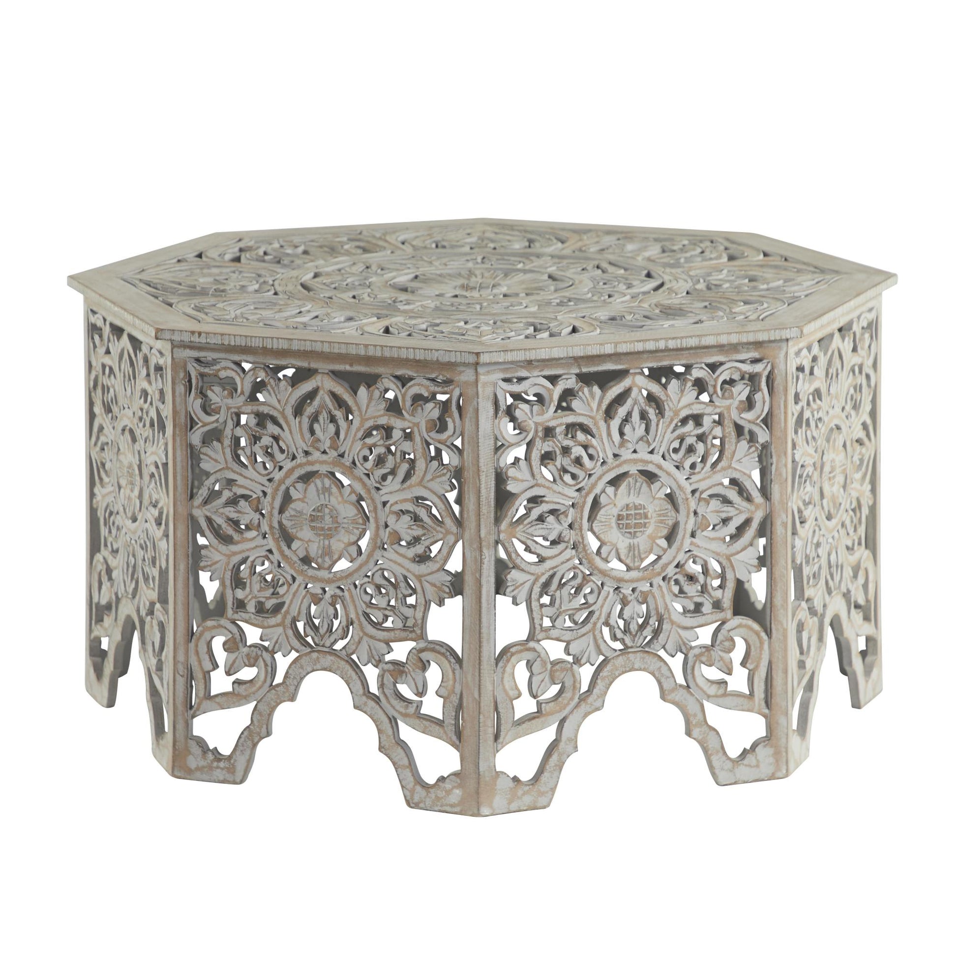 Floral Light Gray Wooden Handmade Intricately Carved Living Room Coffee Table with Hollow Interior