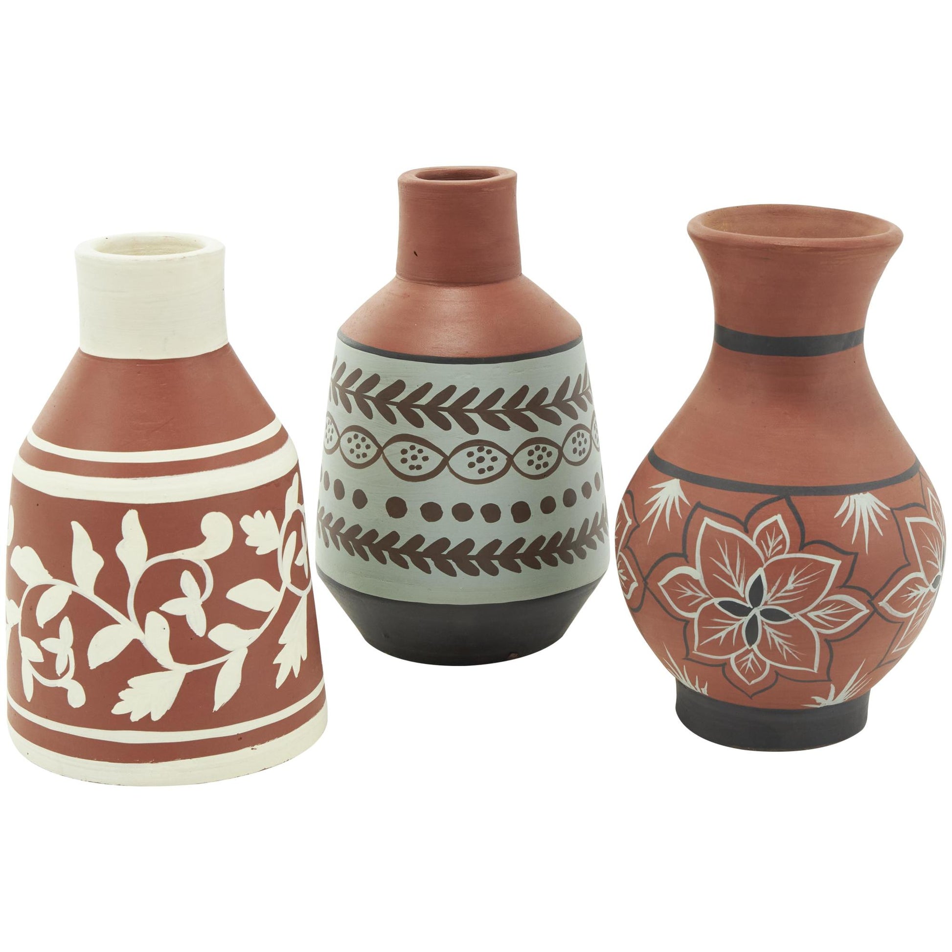 Set of 3 Floral Orange Ceramic Decorative Vase with 3 Different Patterns and Shapes