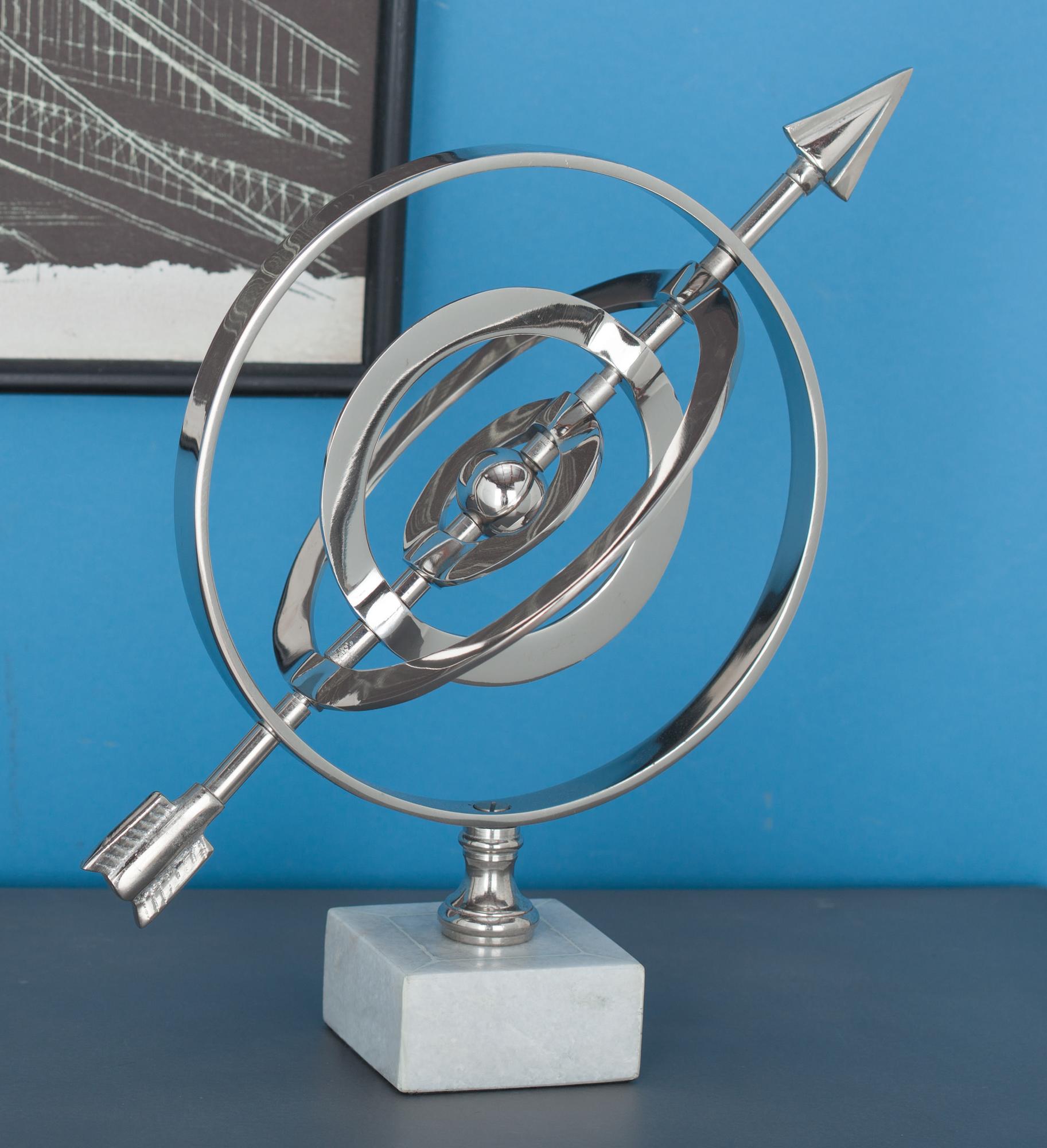 Armillary Silver Aluminum Metal Educational Globe with Marble Base