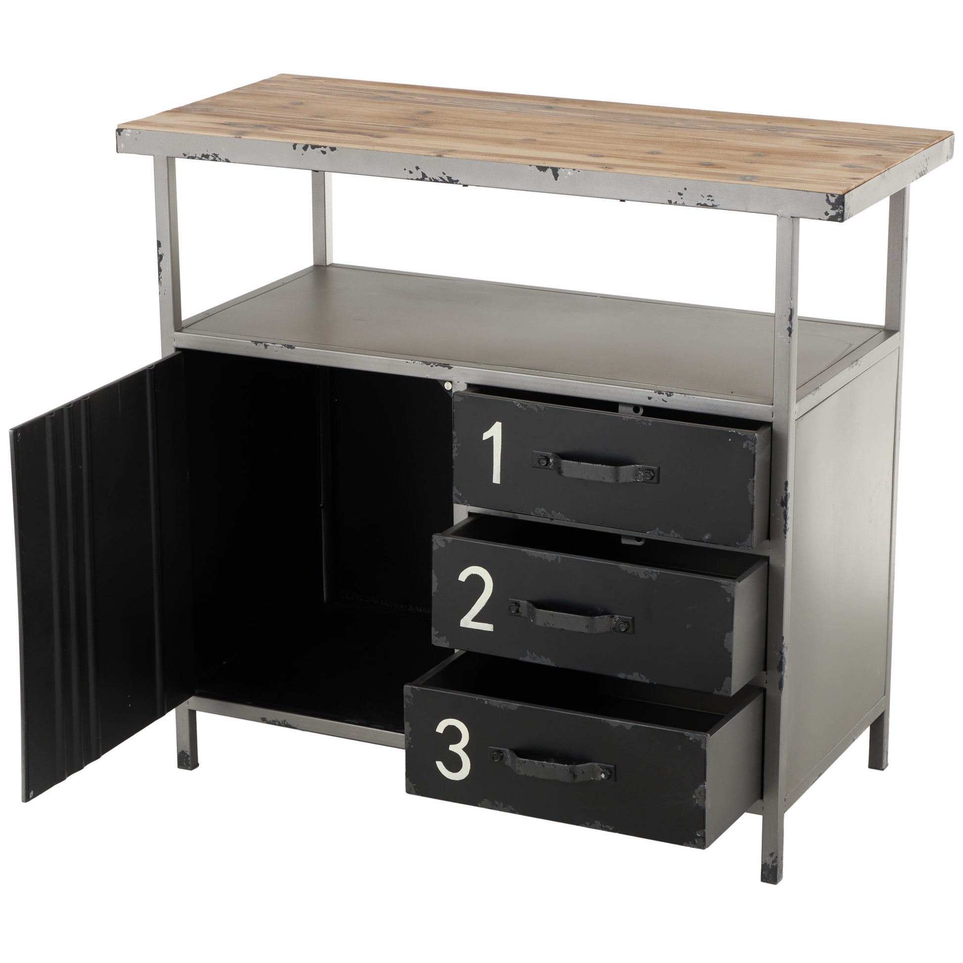 Gray Metal Army Surplus Style 1 Door and 3 Drawer Room Cabinet with Numbers and Text