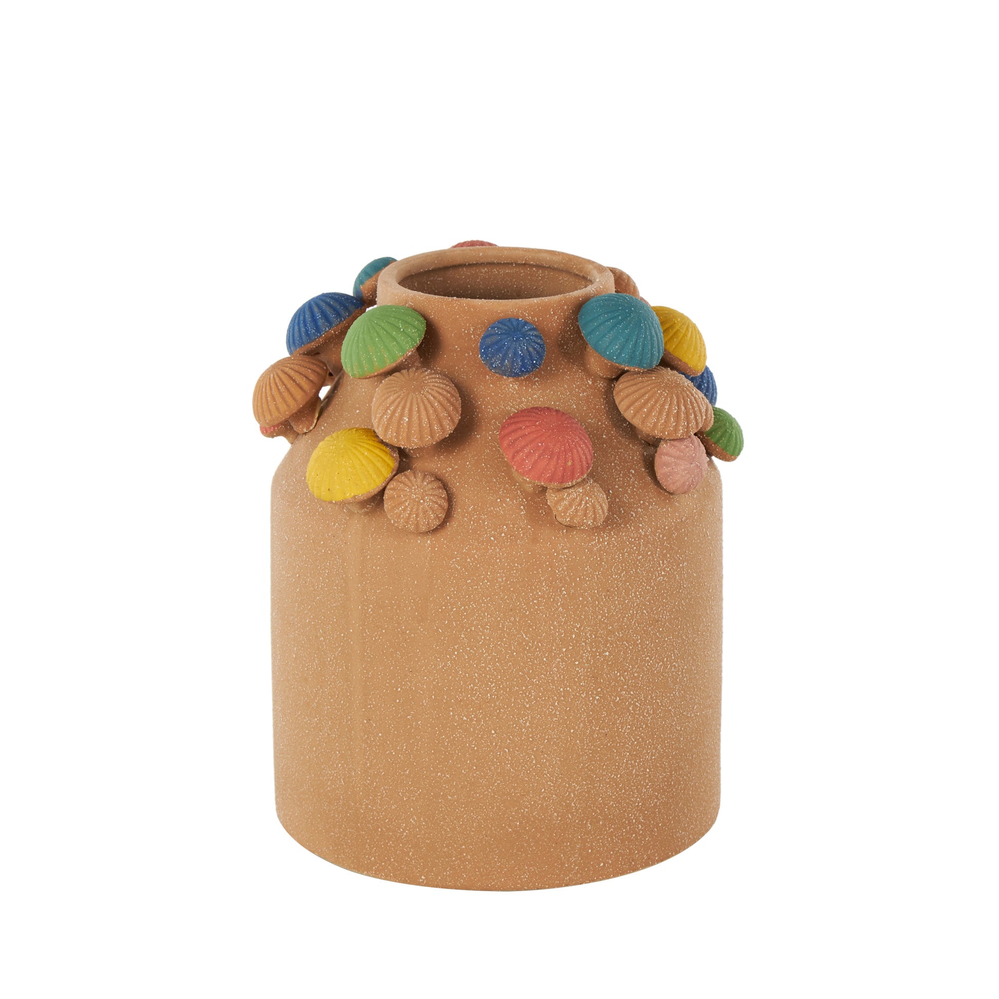 Mushroom Brown Ceramic Round Wide Decorative Vase with Multicolor Accents and White Speckles
