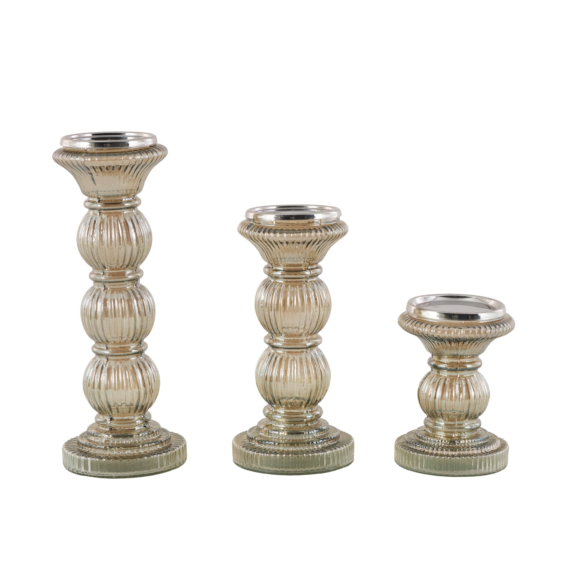 Set of 3 Gray Glass Handmade Turned Style Pillar Decorative Candle Holder
