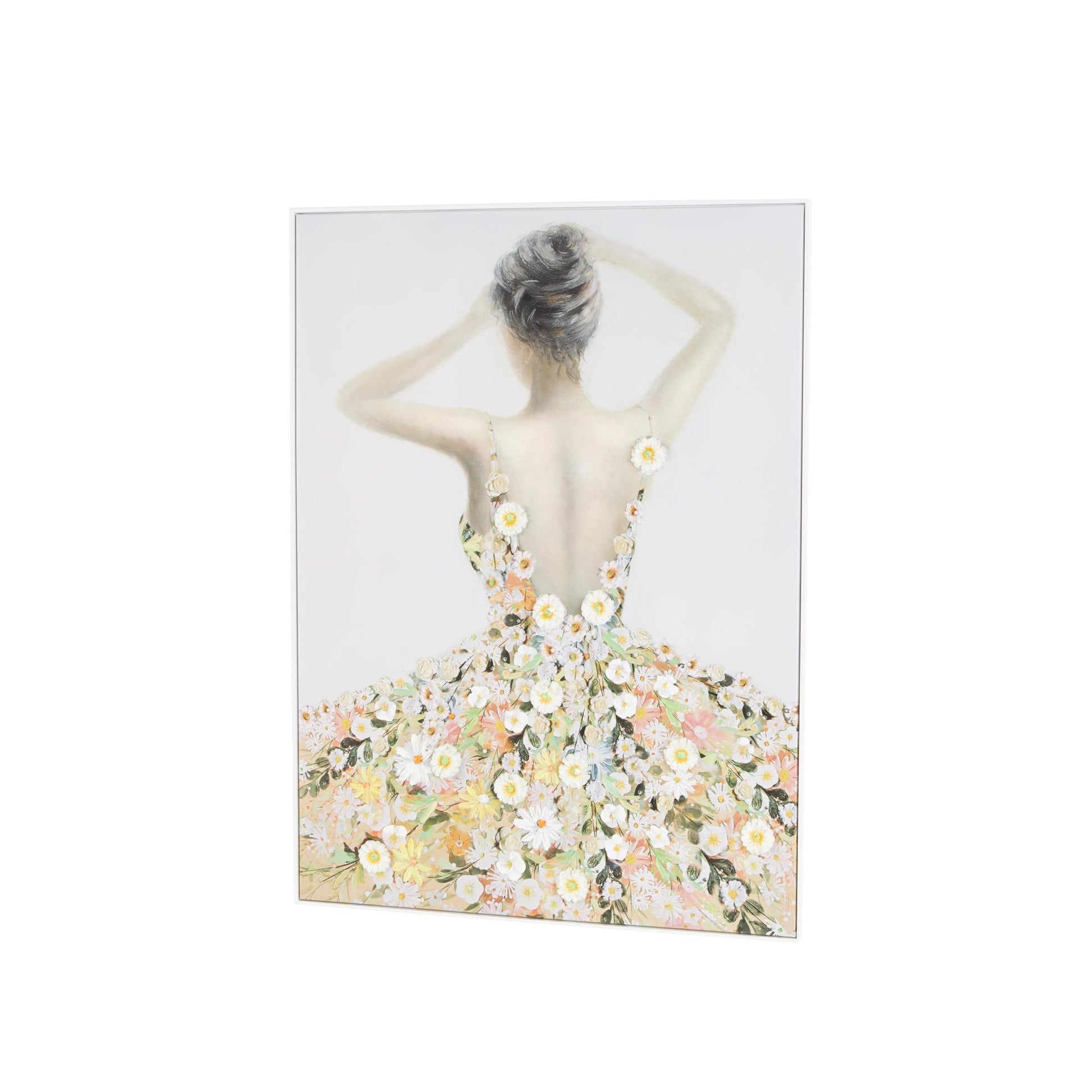 Woman Multi Colored Canvas Living Room Framed Wall Art with 3D Daisy Flowers