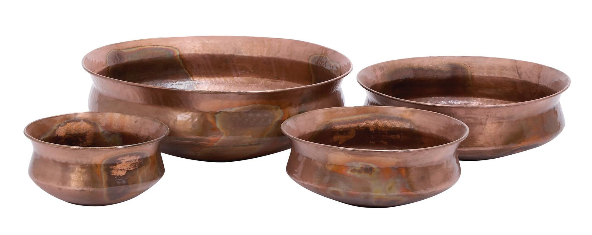 Set of 4 Copper Metal Wide Weathered Low Bowl Indoor Outdoor Planter
