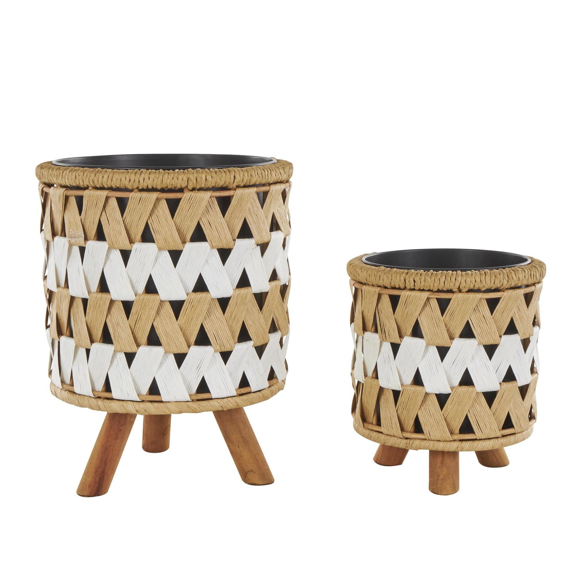Set of 2 Geometric Brown Jute Rope Handmade Woven Chevron Indoor Planter with Wooden Legs