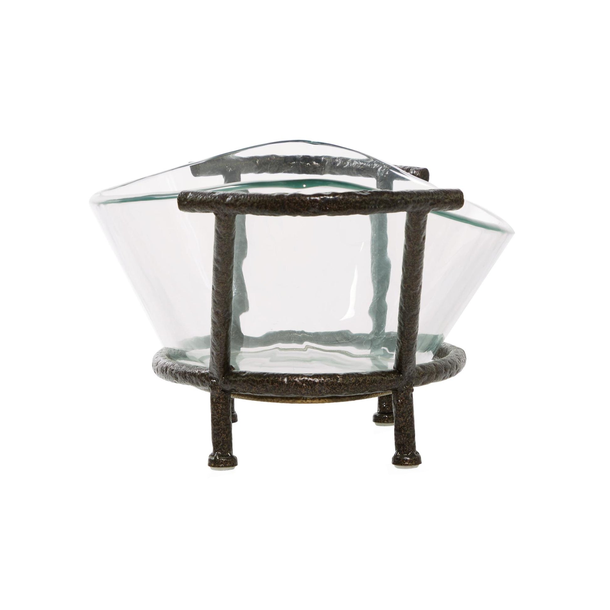 Kitchen Clear Tempered Glass Decorative Serving Bowl with Brown Metal Base