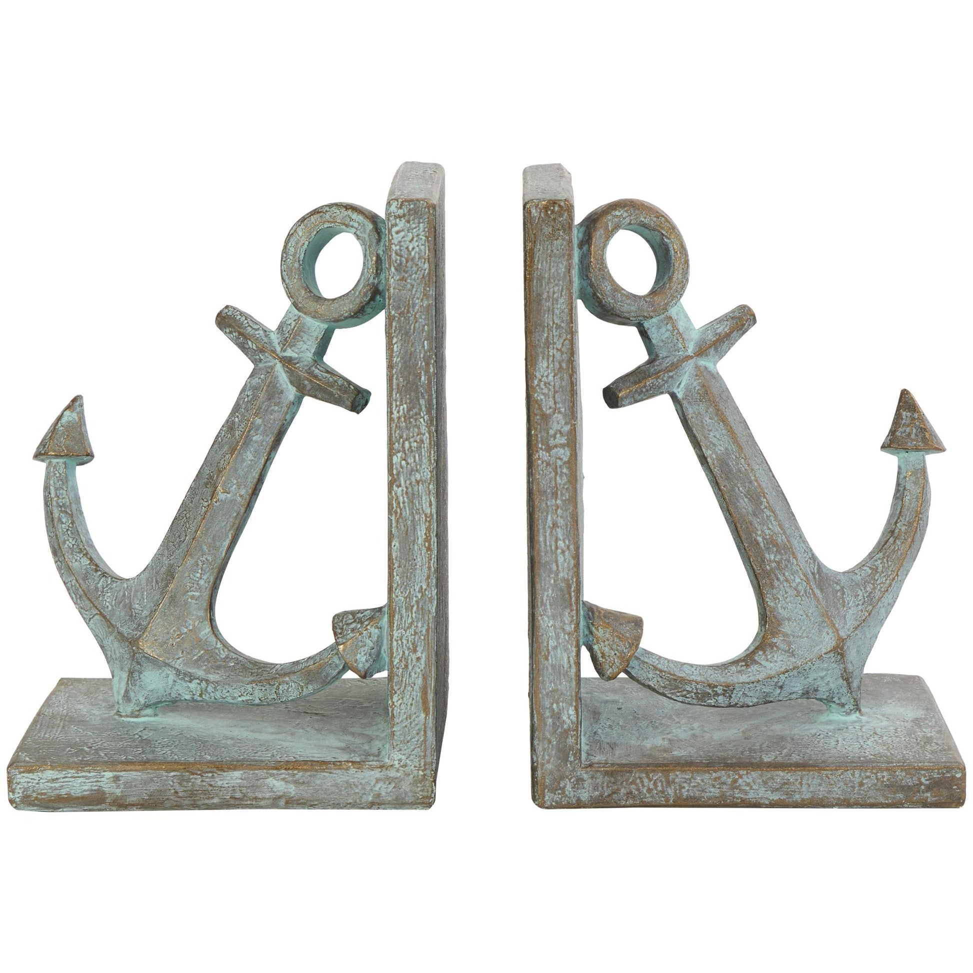 Set of 2 Anchor Blue Polyresin Distressed Patina Decorative Bookends with Gold Foil Accents