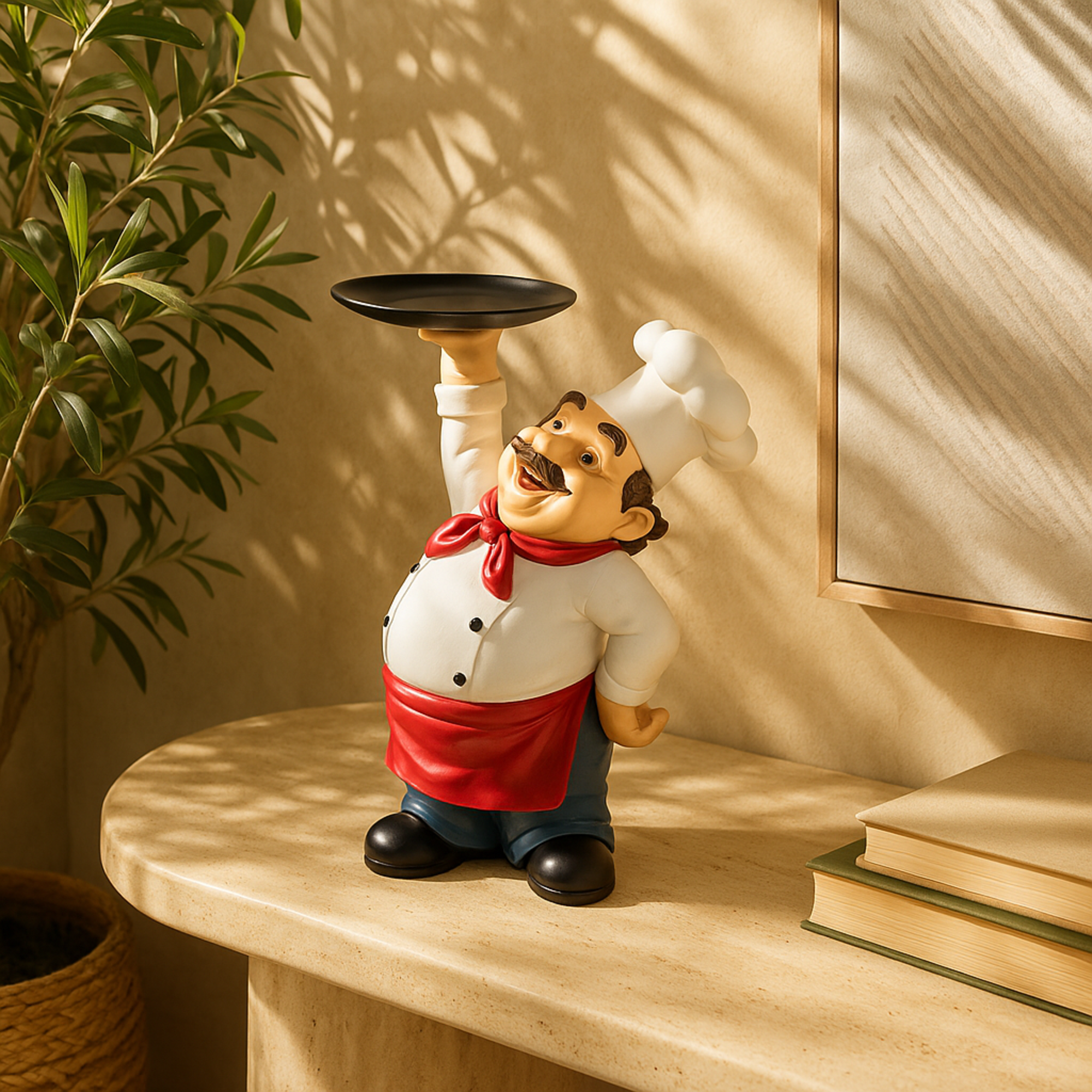 Chef White Polystone Kitchen Decorative Figurine Decorative Sculpture with Black Tray