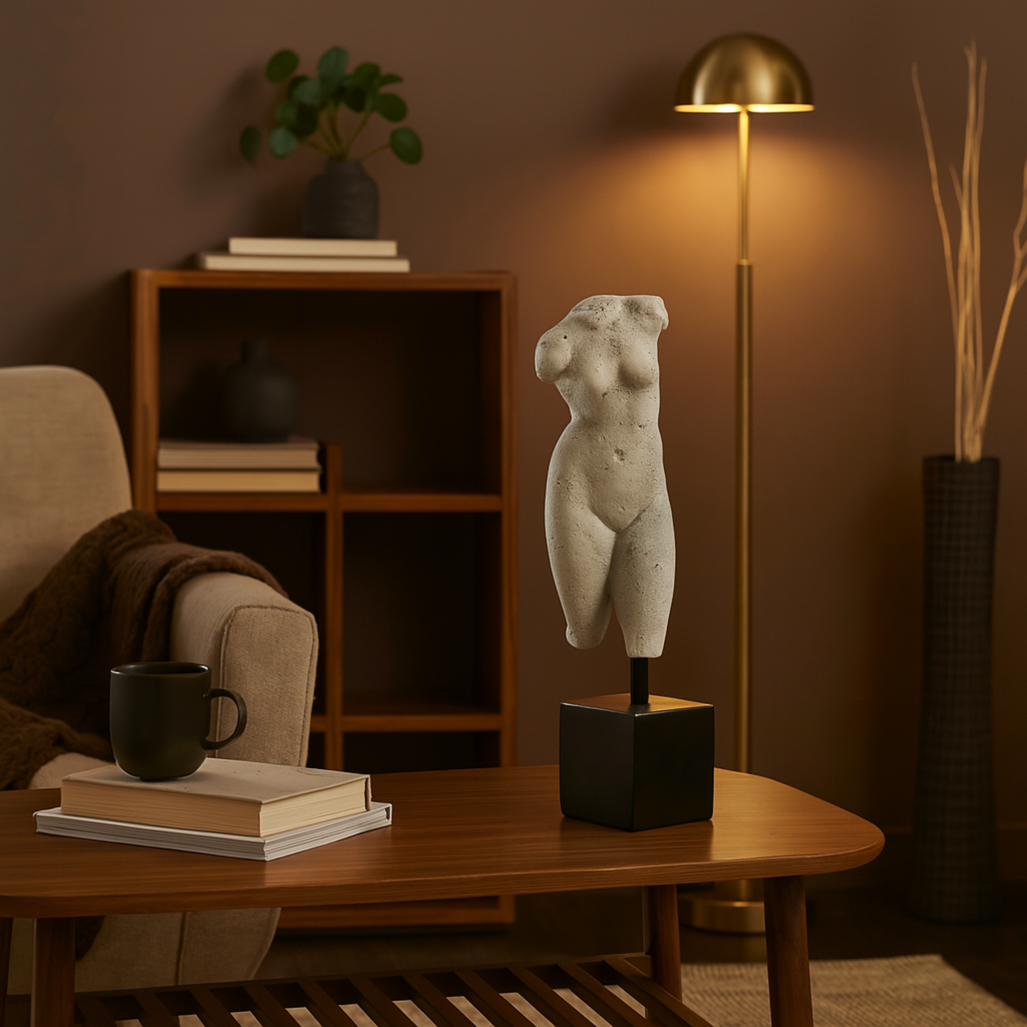 People White Polystone Decorative Sculpture with Black Square Base