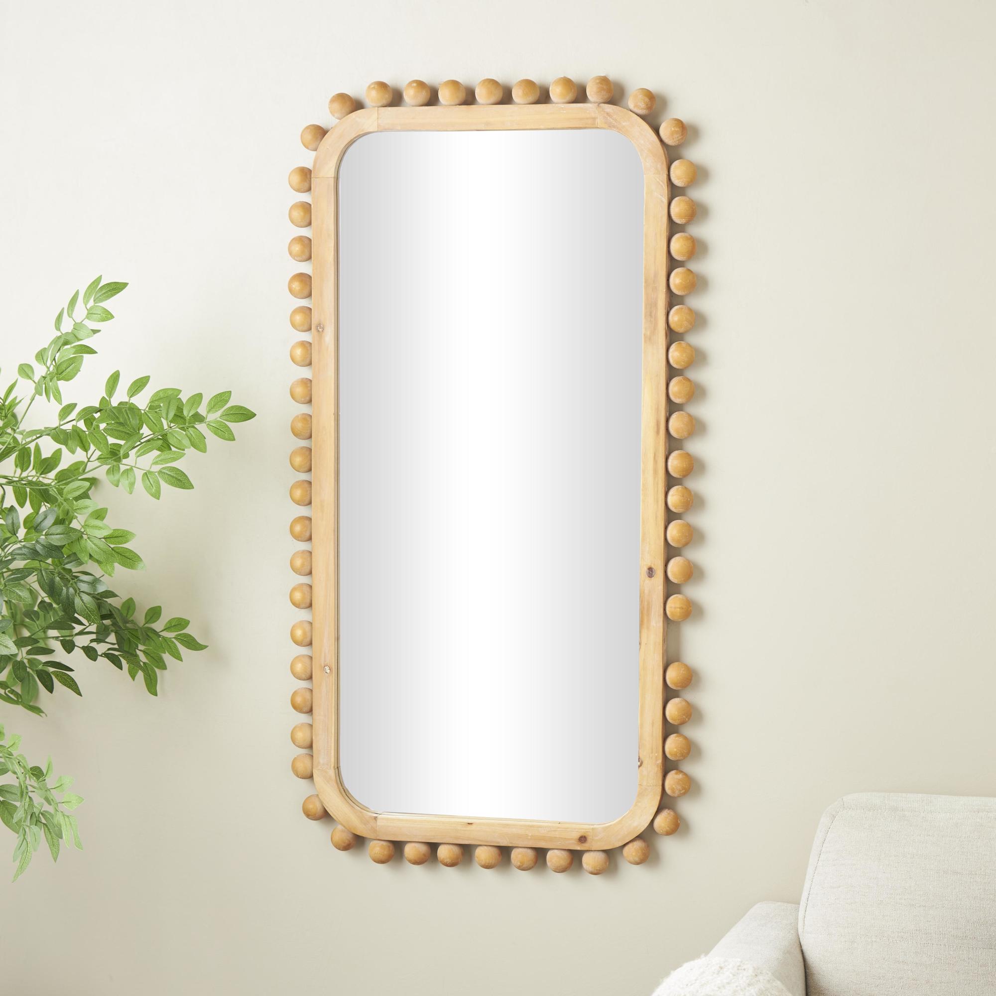 Brown Wood Room Wall Mirror with Beaded Frame