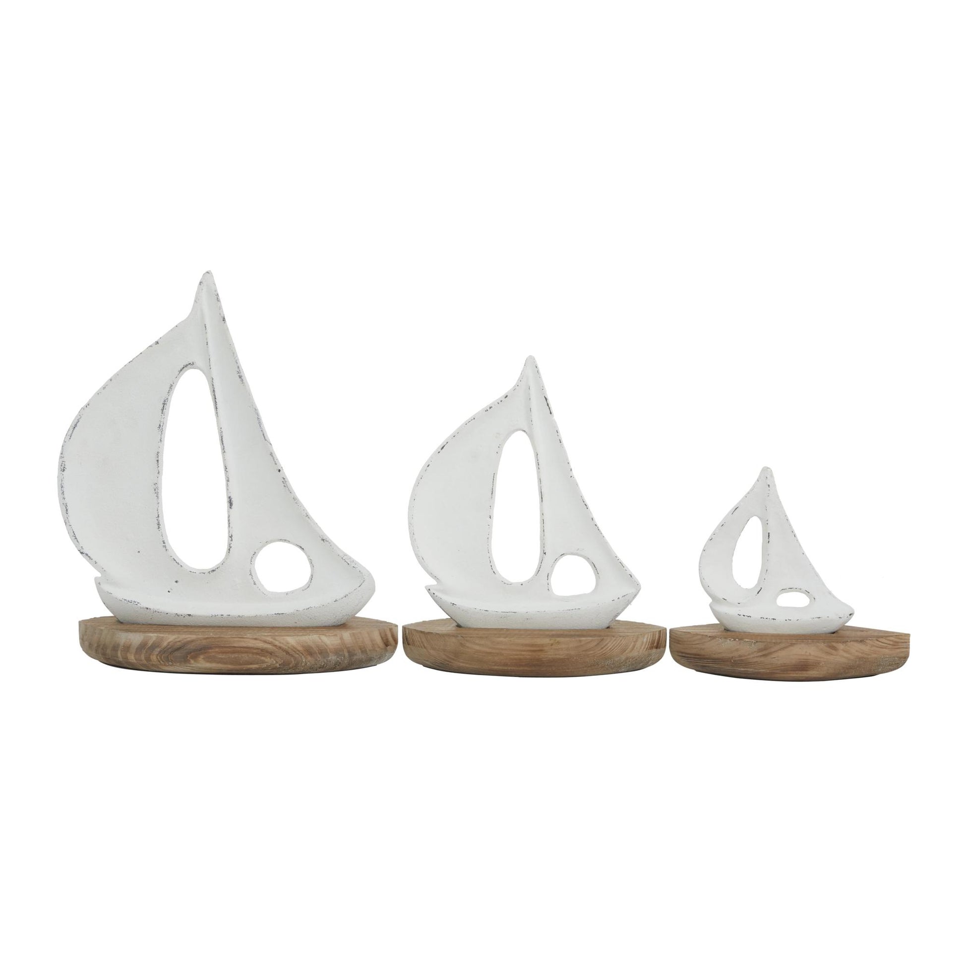 Set of 3 Sail Boat White Wood Decorative Sculpture with Wood Base