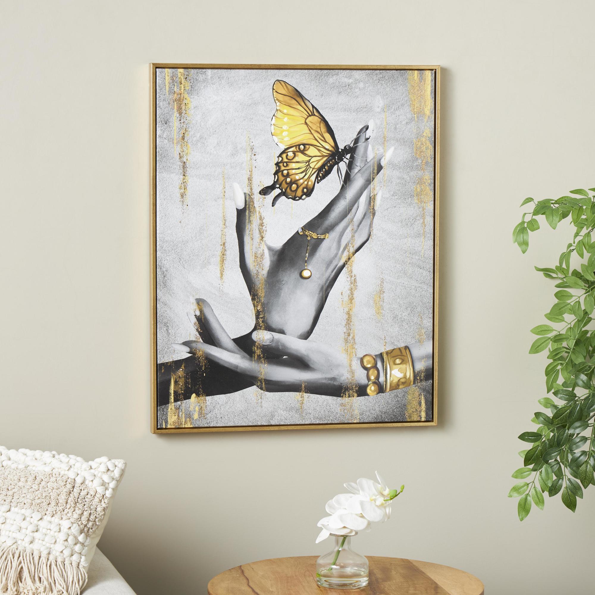 Butterfly Black Canvas Shaded Living Room Framed Wall Art with Jeweled Hands and Gold Foil Accents