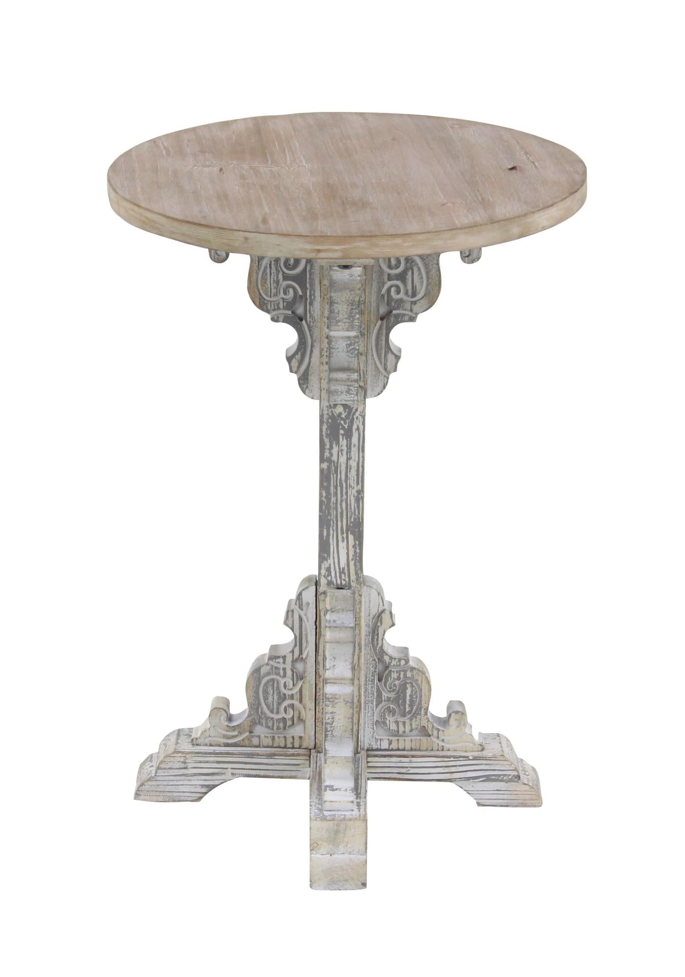Scroll Wood Distressed Pedestal Side End Accent Table with Brown Wood Top 16" x 16" x 23"